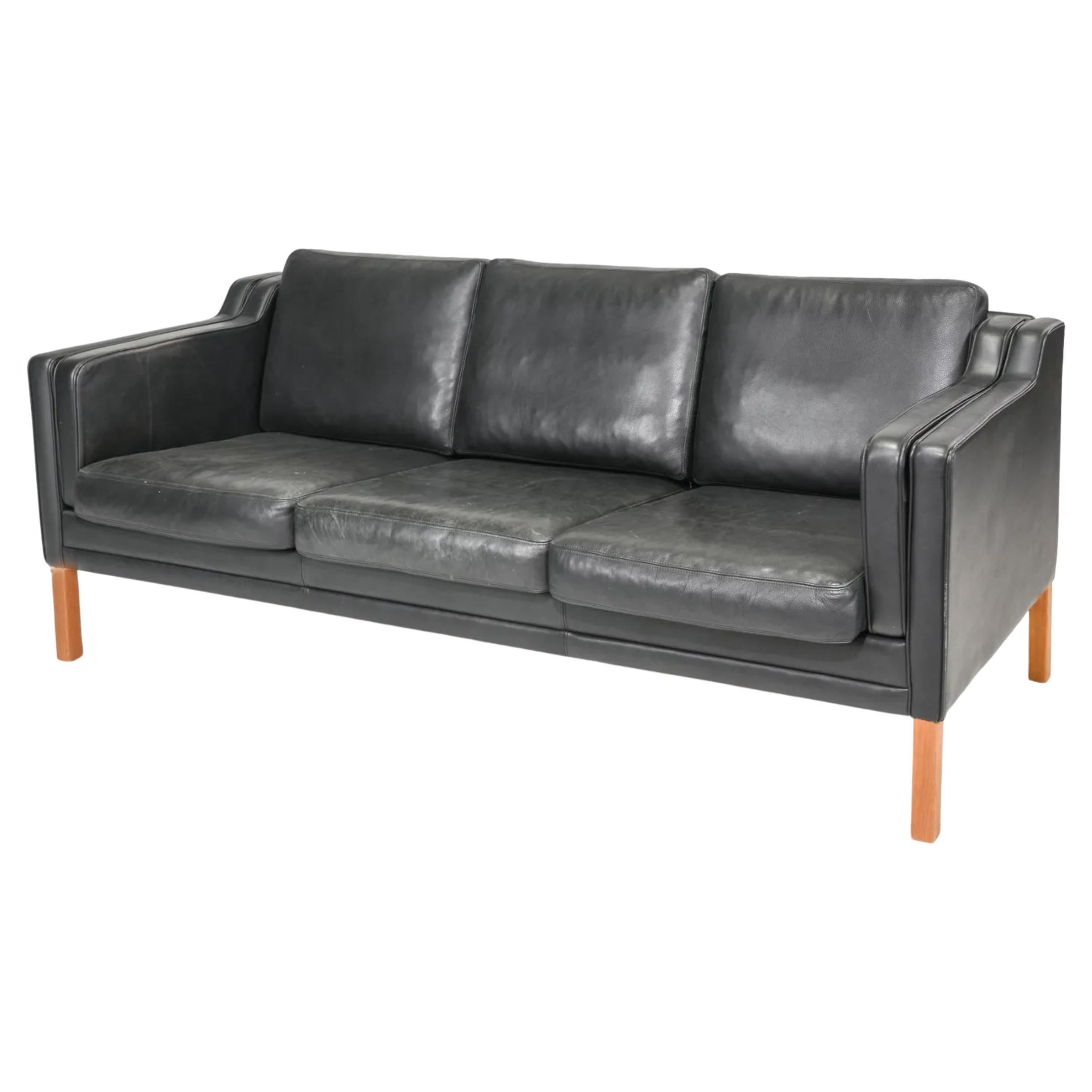 Great Midcentury Danish Modern Beautiful Black Leather 3 Seat Sofa Wood Legs For Sale