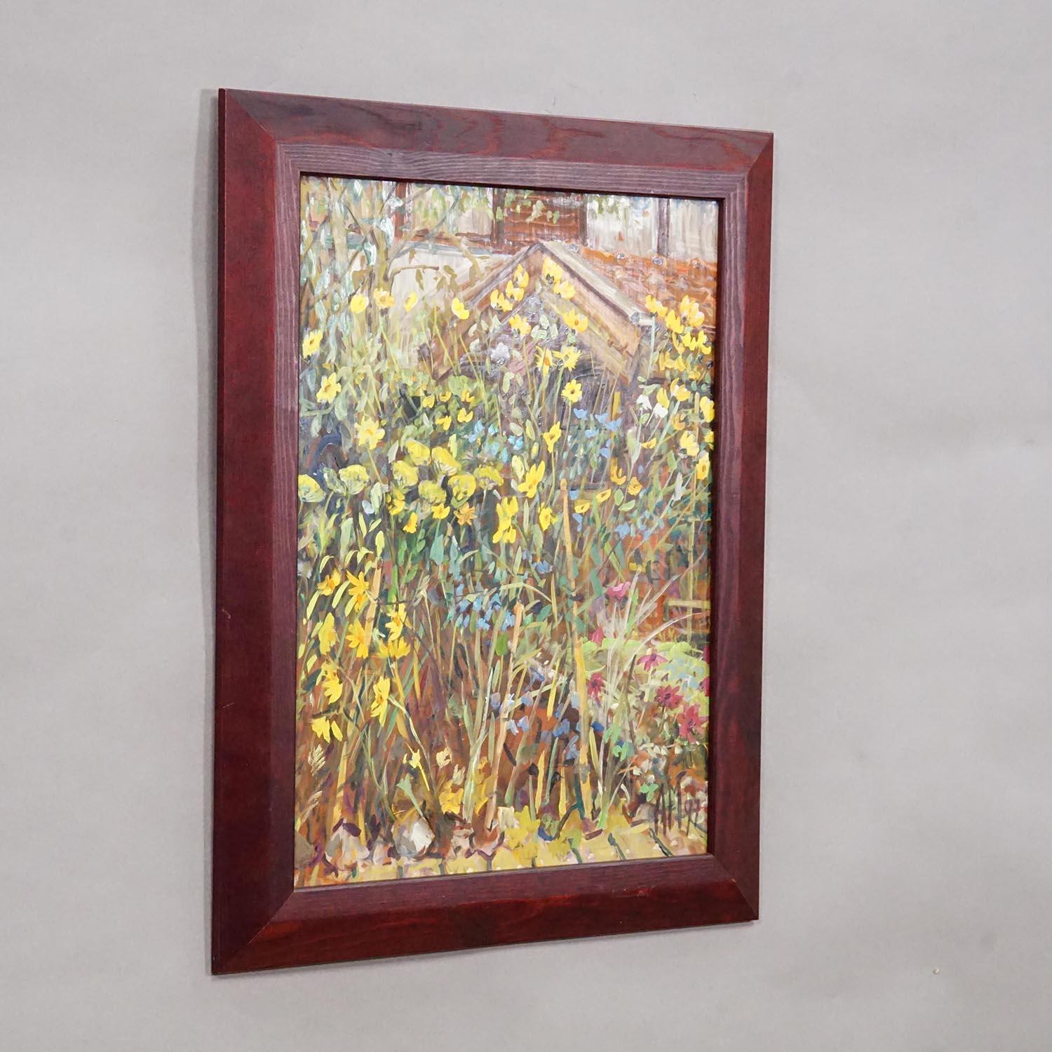 Großes Ölgemälde einer Gartenlandschaft, Alexander Michael 1997

Ein gerahmtes Ölgemälde, das eine farbenfrohe, lebendige Gartenszene mit viel Grün, blühenden Pflanzen und einem Gartenhaus im Hintergrund darstellt. Die Szene ist reich an Details und