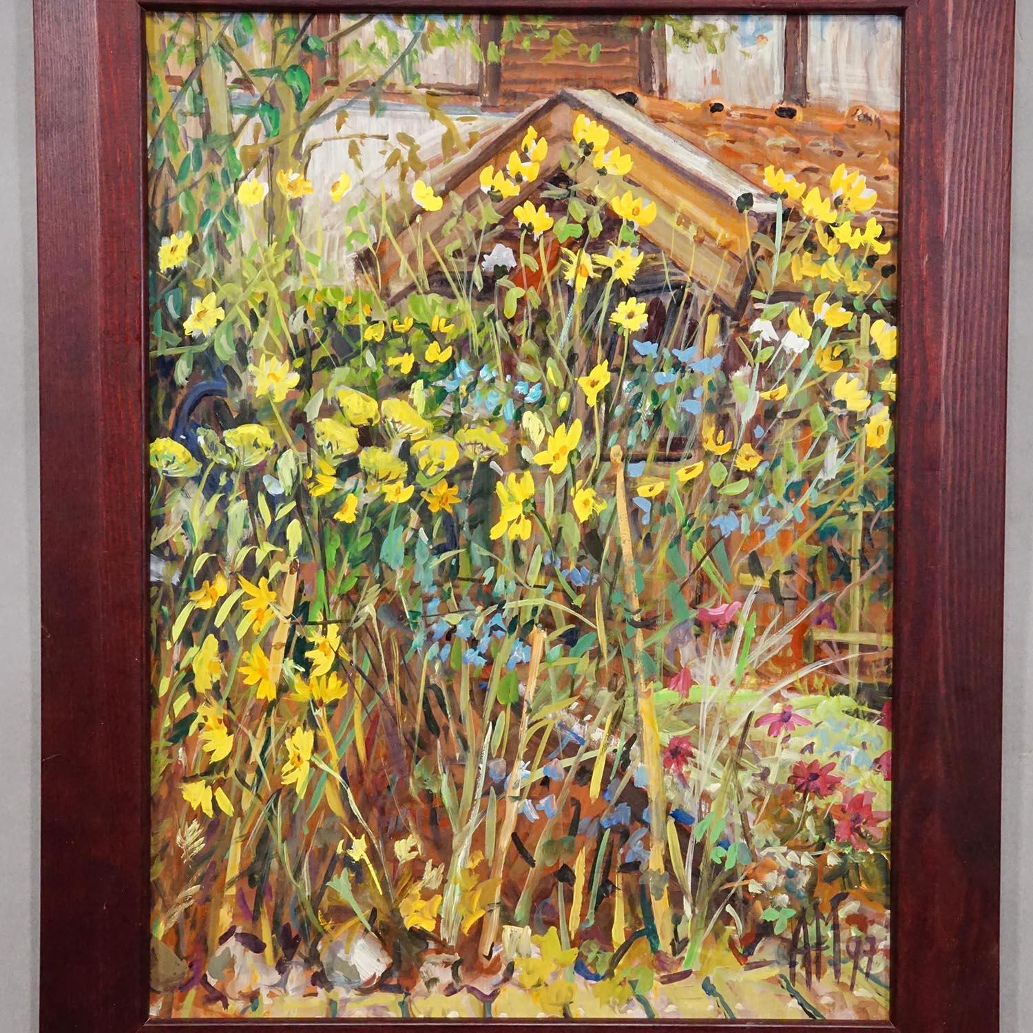 Großes Ölgemälde einer Gartenlandschaft, Alexander Michael 1997 (Volkskunst) im Angebot