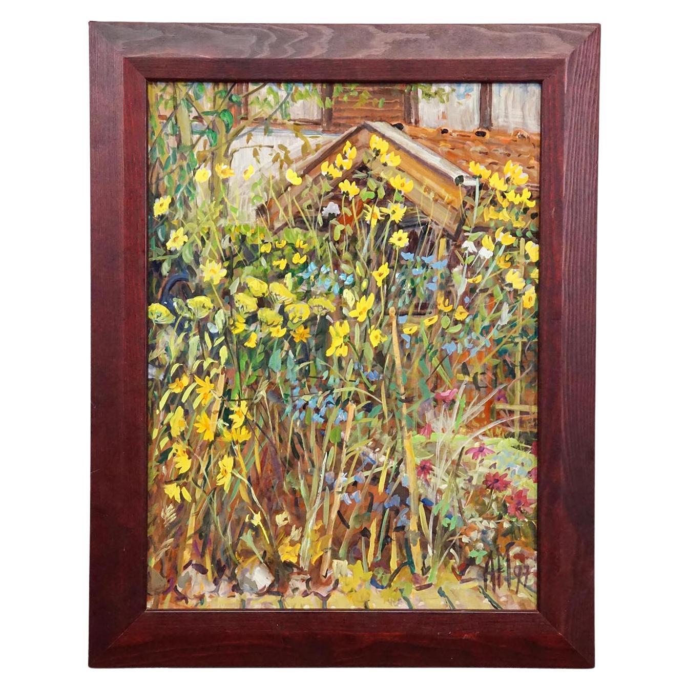 Großes Ölgemälde einer Gartenlandschaft, Alexander Michael 1997 im Angebot