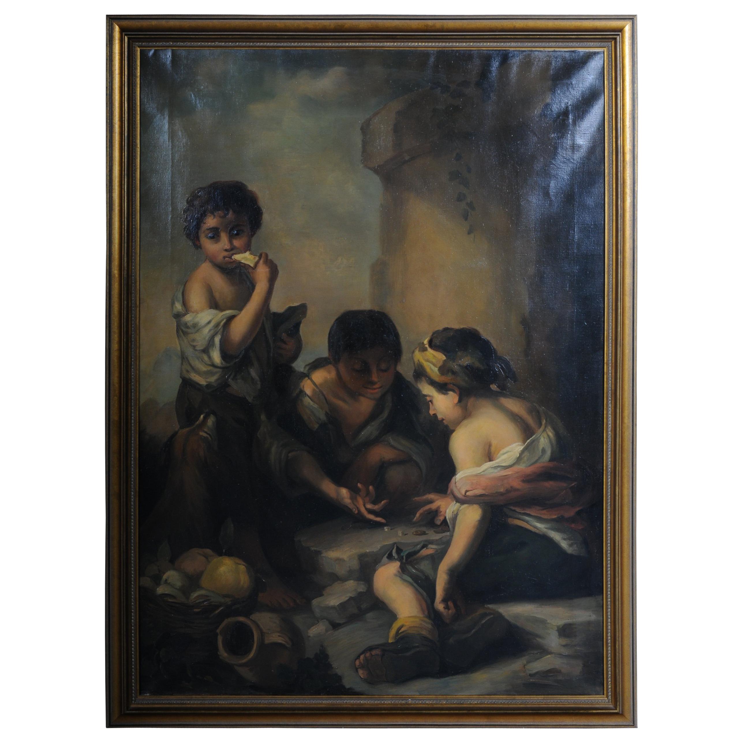 Grande peinture Mangeurs de raisins et de melons d'après Esteban Murillo Huile sur toile en vente