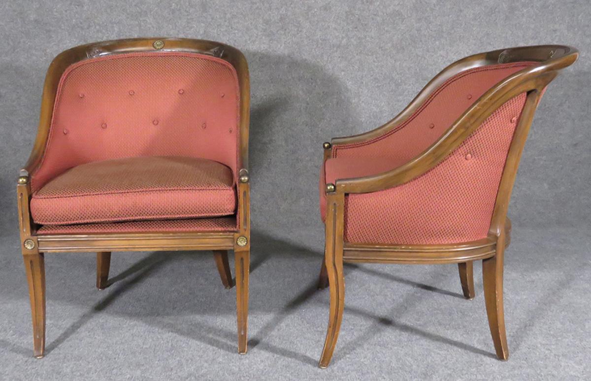 The chairs measure 32 tall x 22.75 wide x 26.5 deep seat height is 18

These chairs are elegant and simple. They are in good condition and have minor signs of wear and date to the 1940s. These chairs are perfect for ebonizing or reupholstering.