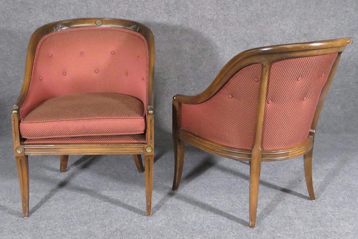 Great Pair of French Regency Walnut Tub Style Lounge Club Chairs, circa 1940s In Good Condition In Swedesboro, NJ