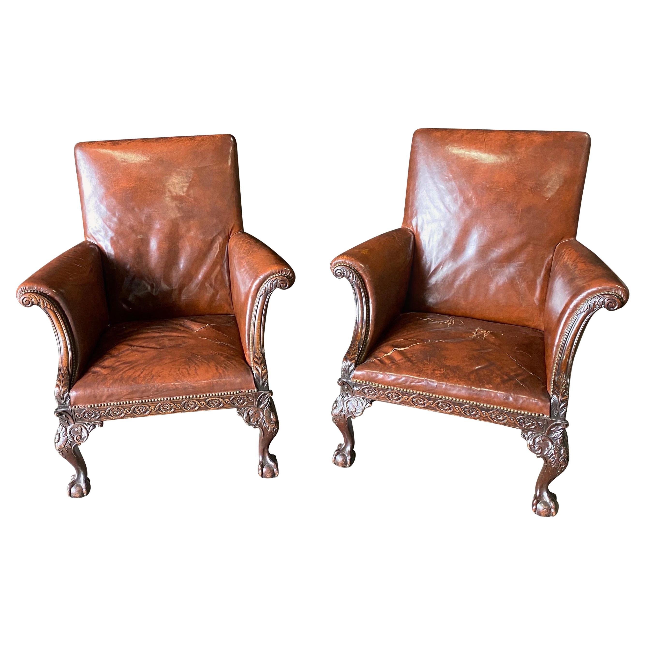 Great Pair of 19th Century English Mahogany and Leather Armchairs