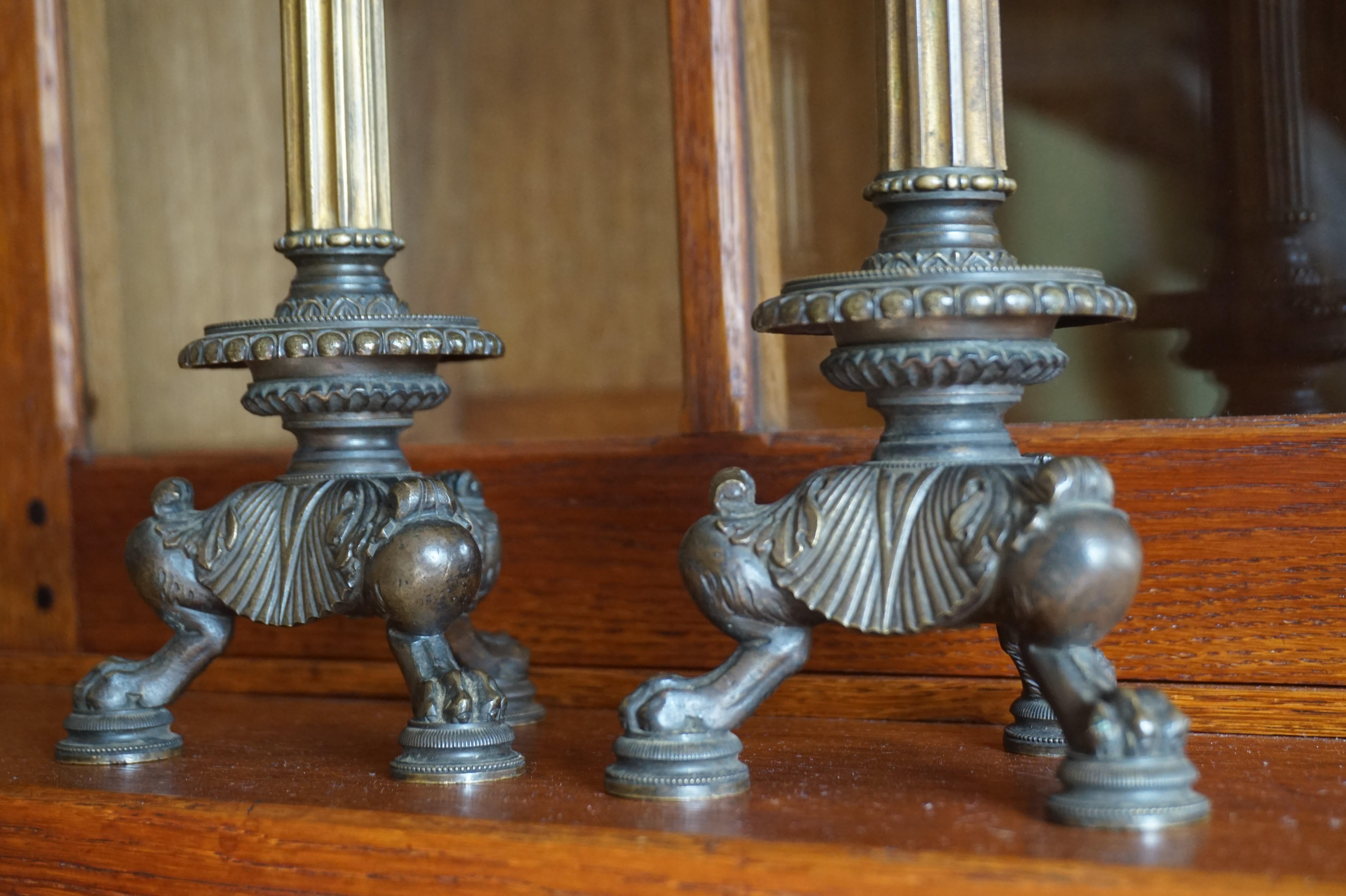 Great Pair of Antique 19th Century Bronze and Brass Empire Revival Candlesticks 5