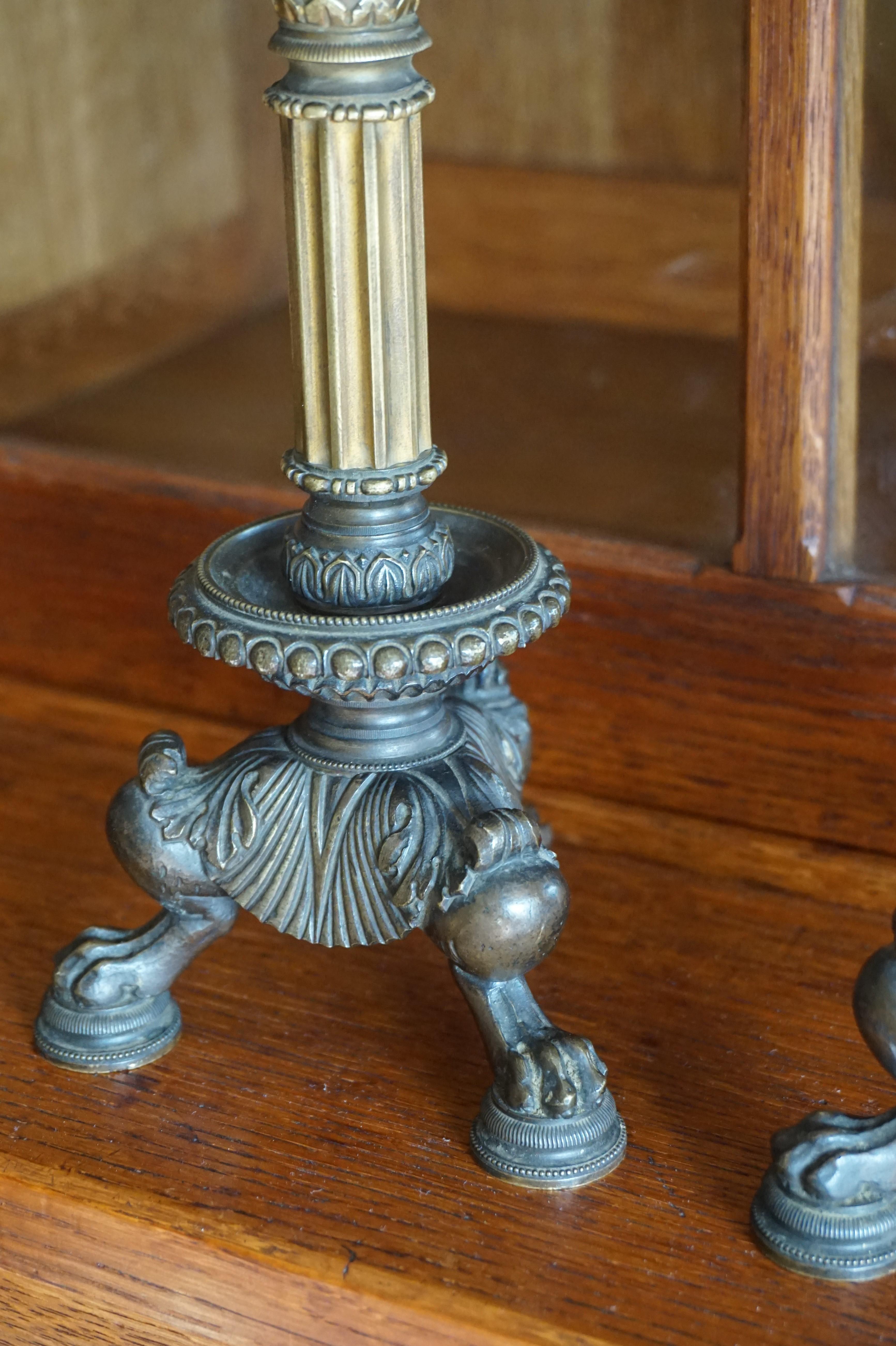 Great Pair of Antique 19th Century Bronze and Brass Empire Revival Candlesticks 6