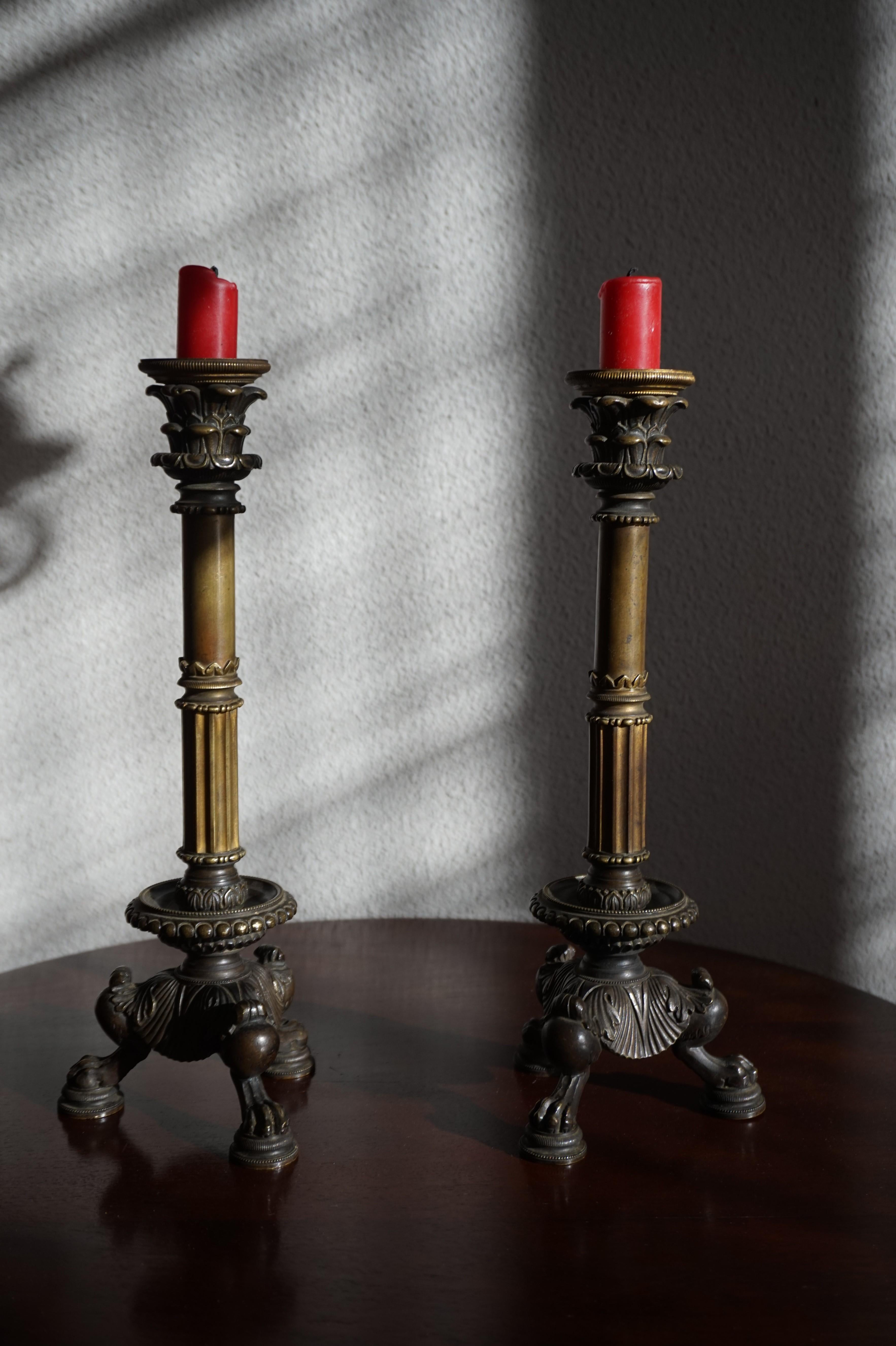 Great Pair of Antique 19th Century Bronze and Brass Empire Revival Candlesticks 5
