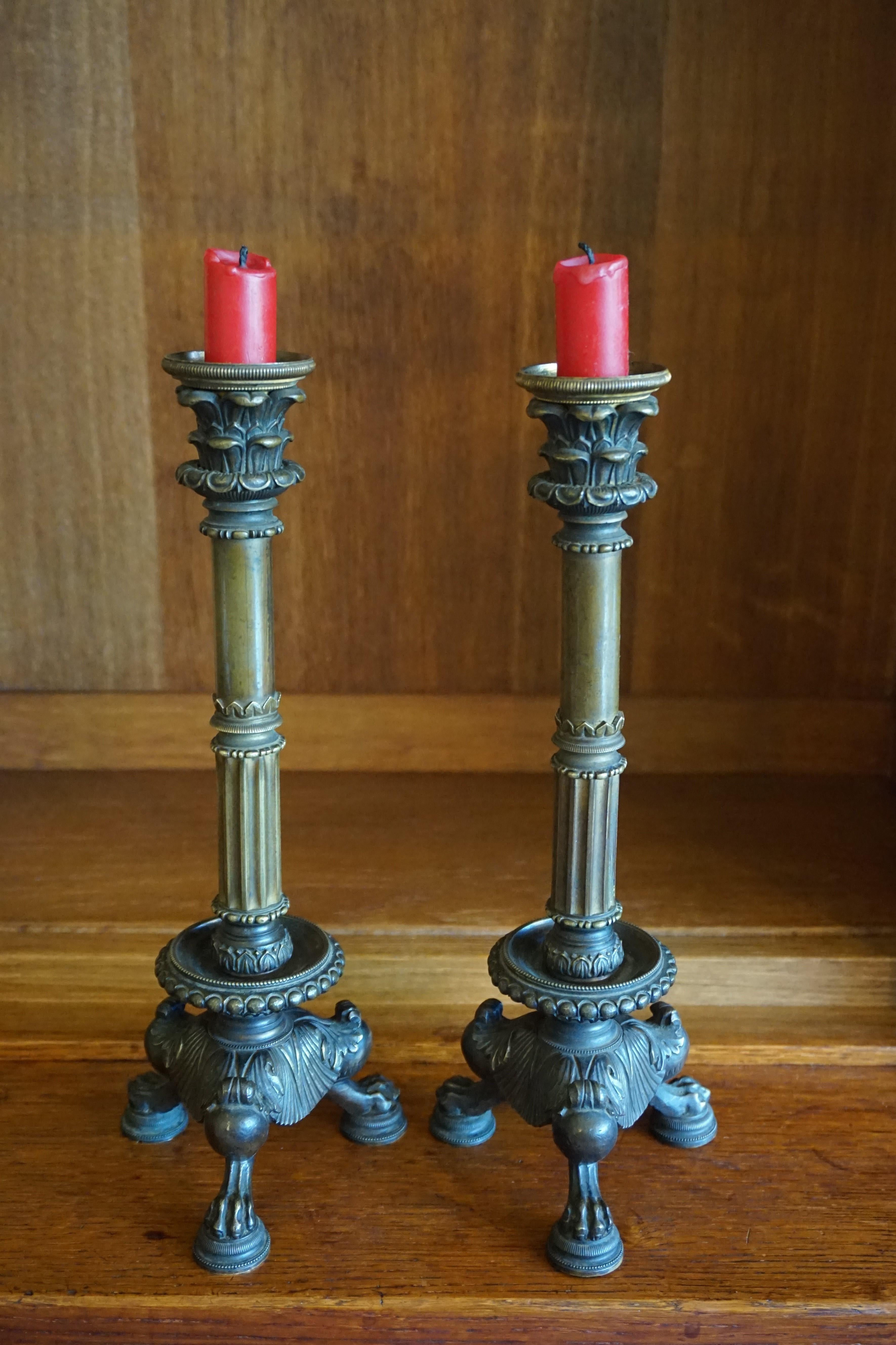 Great Pair of Antique 19th Century Bronze and Brass Empire Revival Candlesticks 6