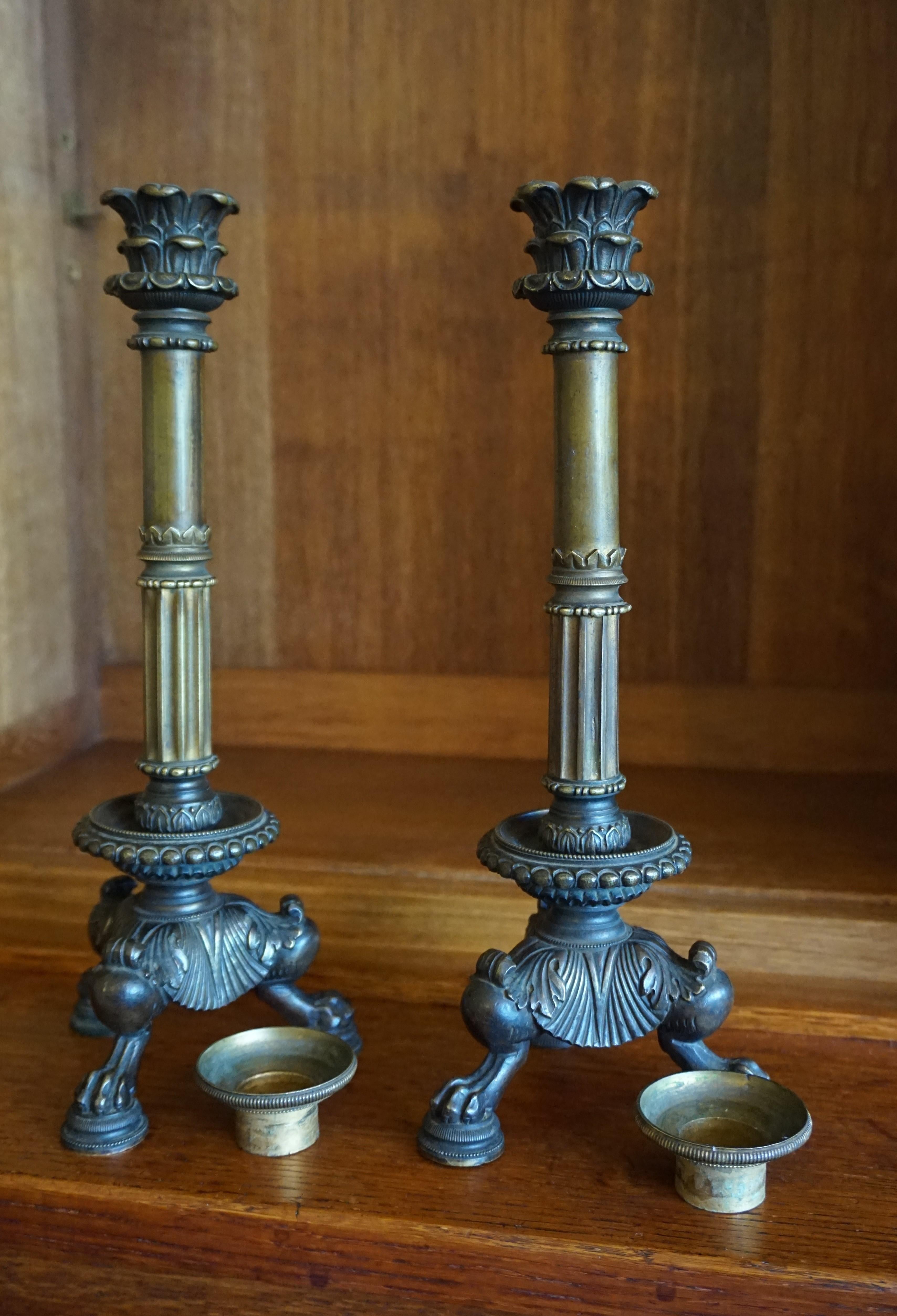 Great Pair of Antique 19th Century Bronze and Brass Empire Revival Candlesticks 8