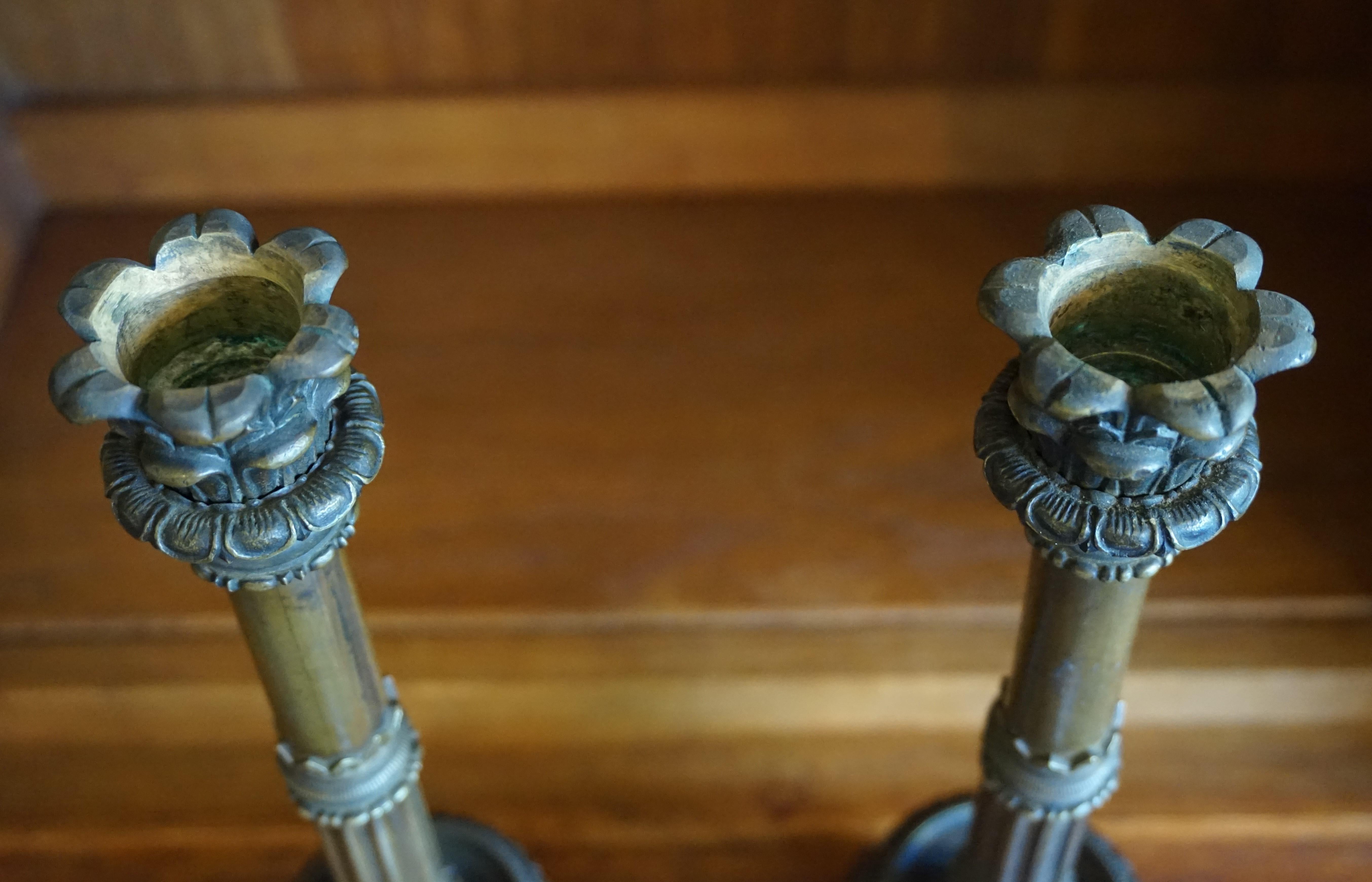 Great Pair of Antique 19th Century Bronze and Brass Empire Revival Candlesticks 11