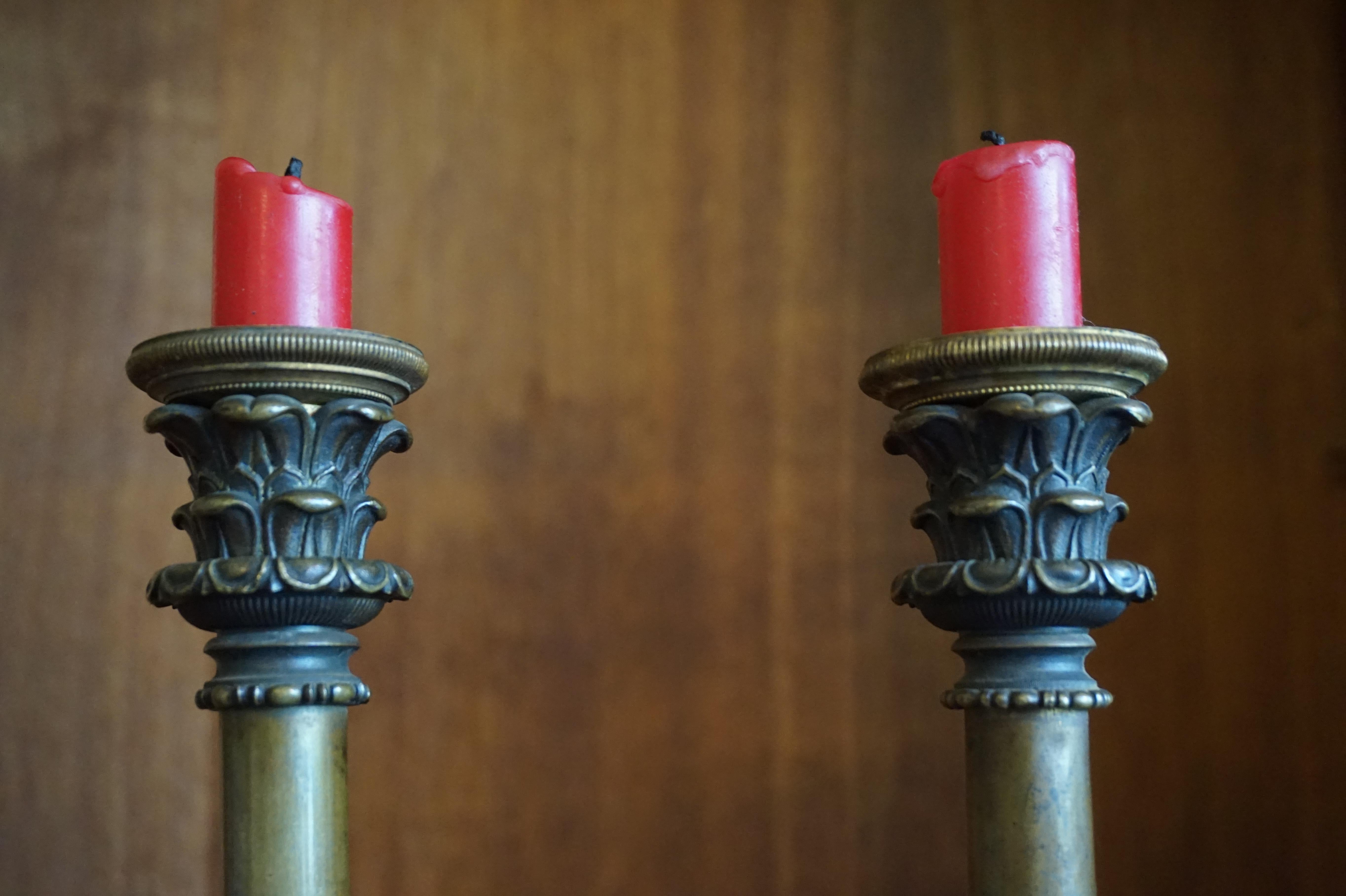 Great Pair of Antique 19th Century Bronze and Brass Empire Revival Candlesticks 12