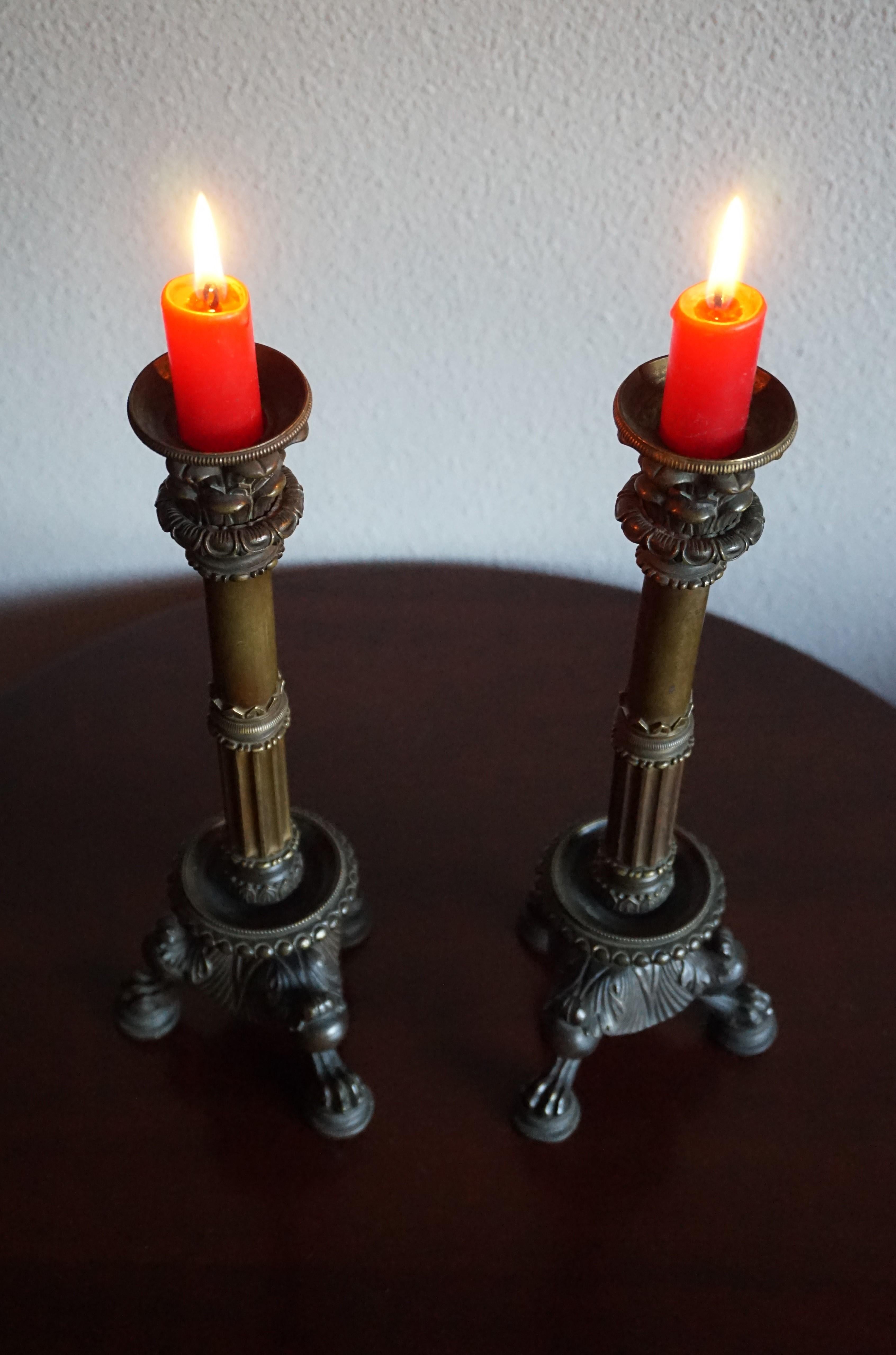 French Great Pair of Antique 19th Century Bronze and Brass Empire Revival Candlesticks