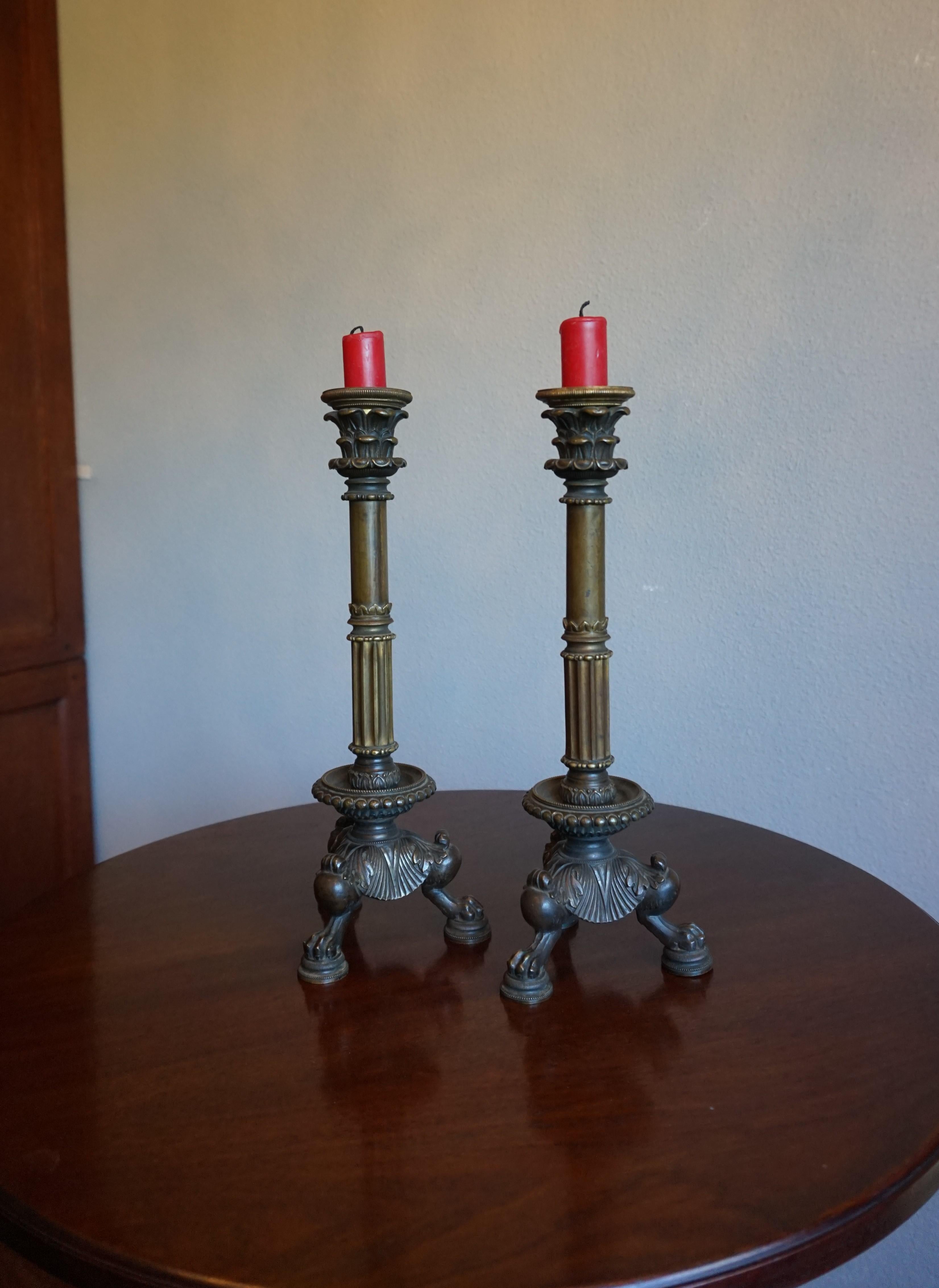 Great Pair of Antique 19th Century Bronze and Brass Empire Revival Candlesticks (Messing)
