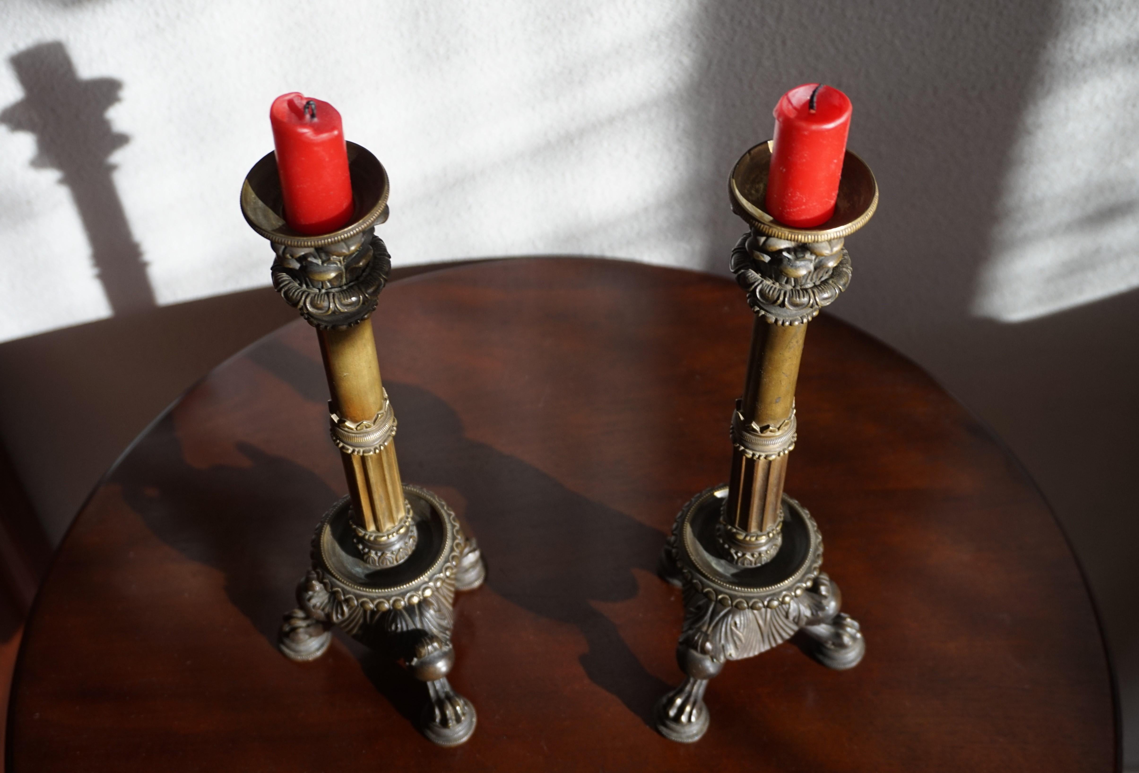 Great Pair of Antique 19th Century Bronze and Brass Empire Revival Candlesticks 3