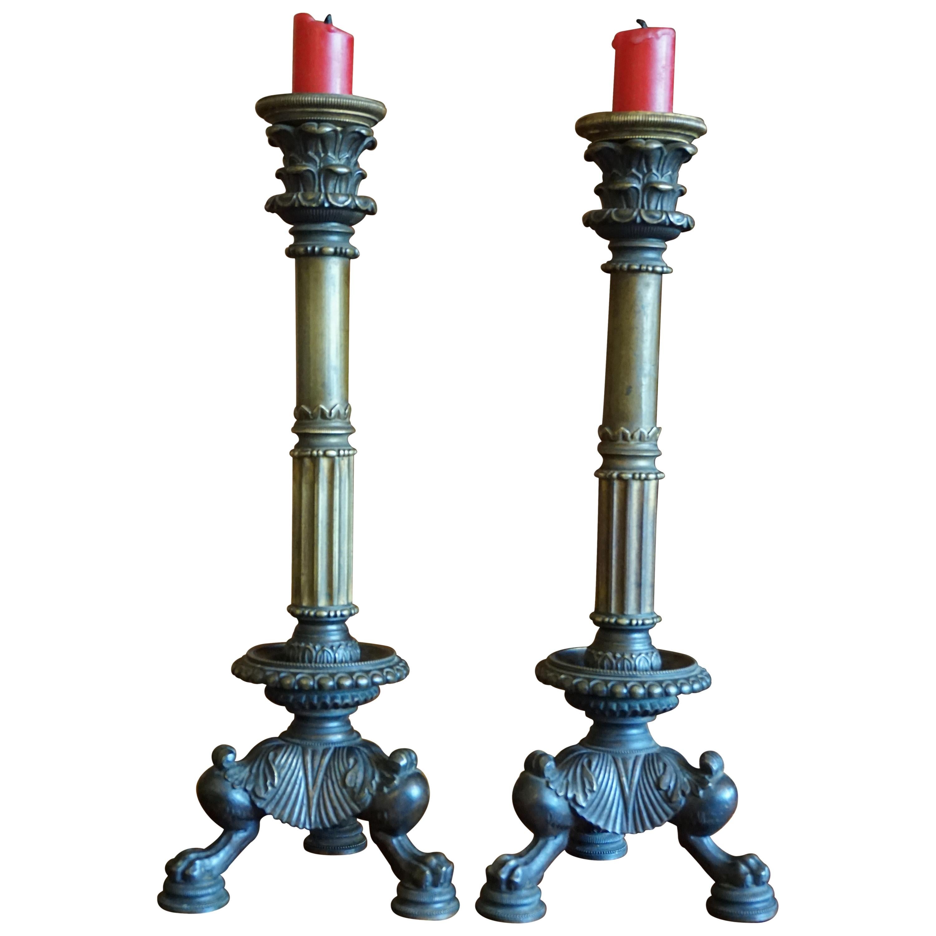 Great Pair of Antique 19th Century Bronze and Brass Empire Revival Candlesticks