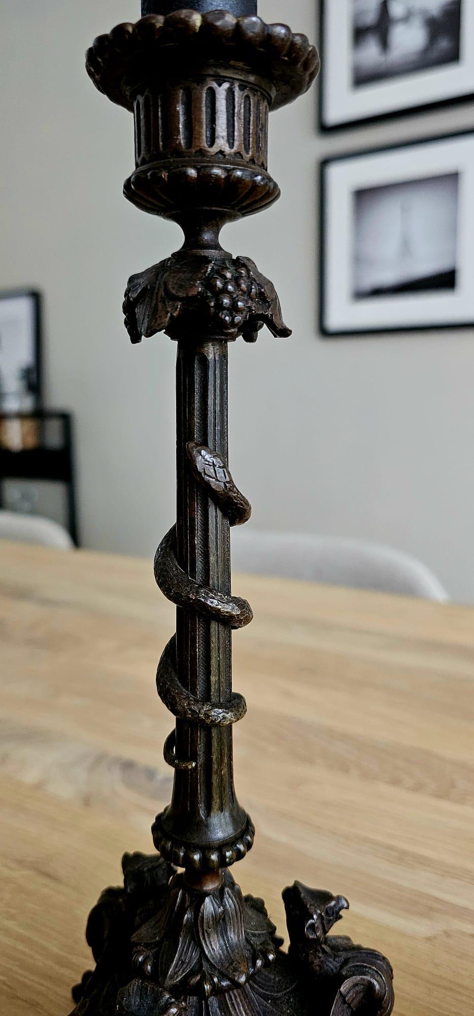 Hand-Crafted Great Pair of Antique 19th Century Bronze Candlesticks with Phoenix Sculptures For Sale
