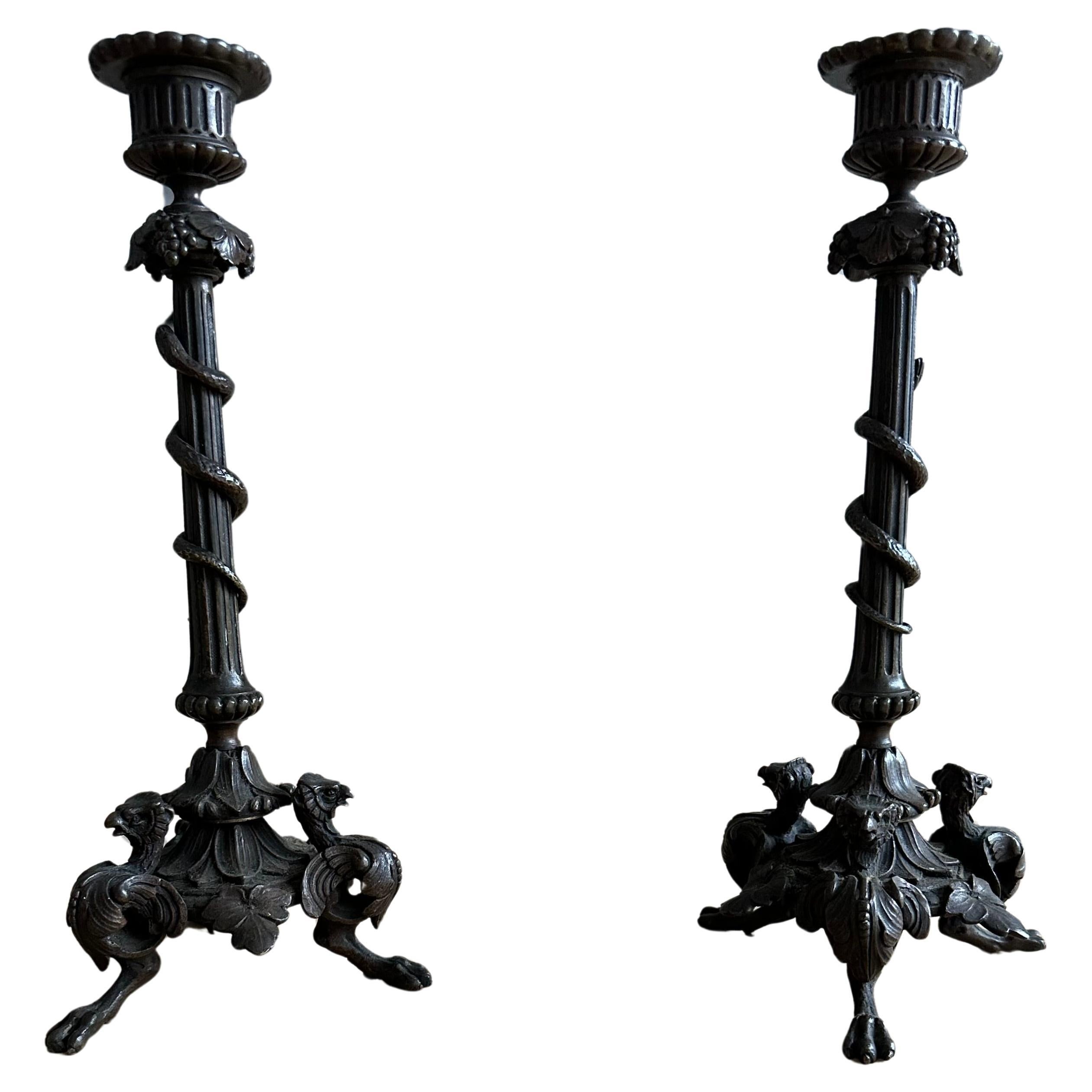 Great Pair of Antique 19th Century Bronze Candlesticks with Phoenix Sculptures For Sale