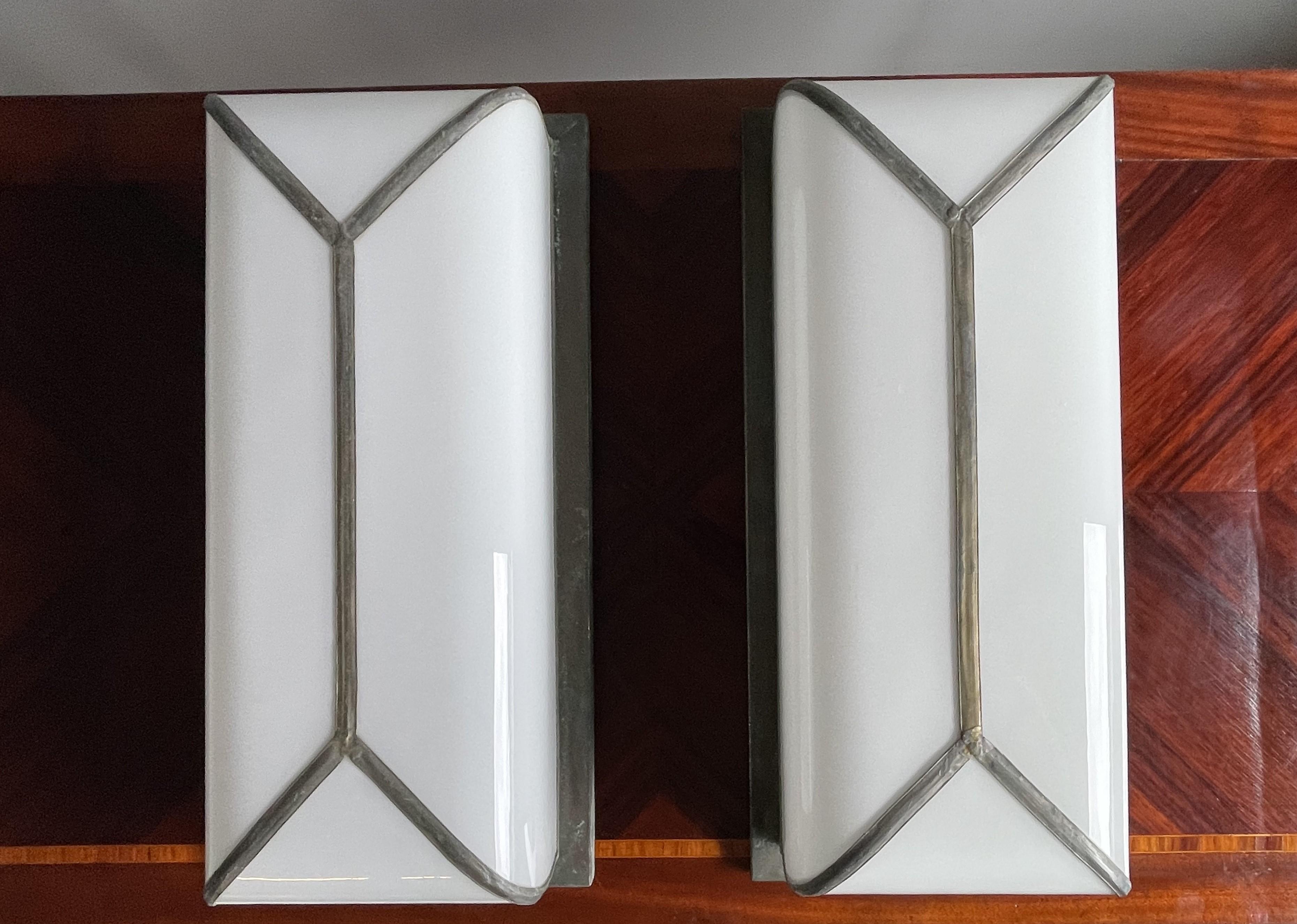 Patinated Rare & Great Pair of Art Deco Style Opaline Glass Flush Mounts or Wall Sconces 