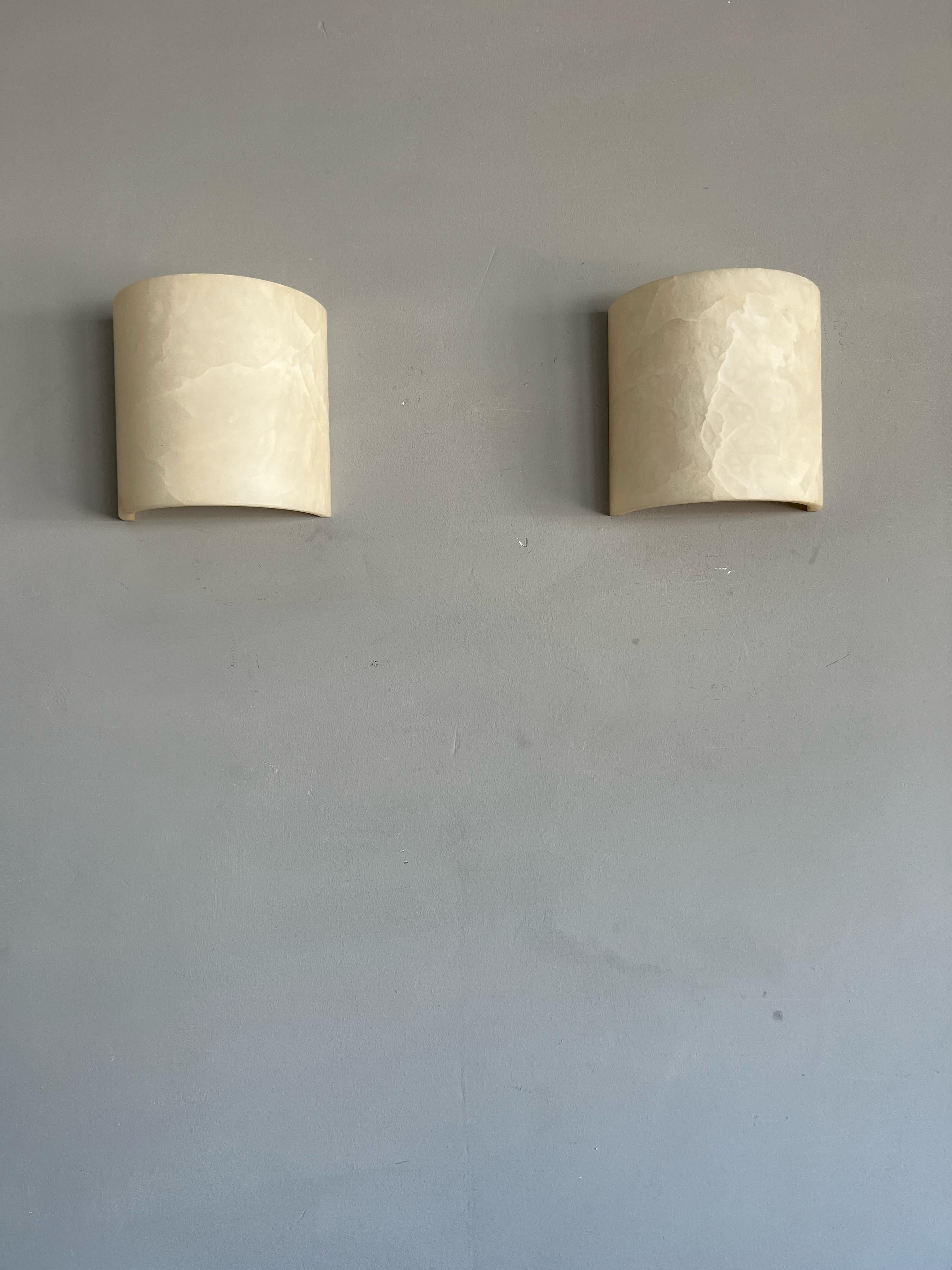 Italian Great Pair of Art Deco Style Alabaster Up & Down Light Wall Sconces / Fixtures