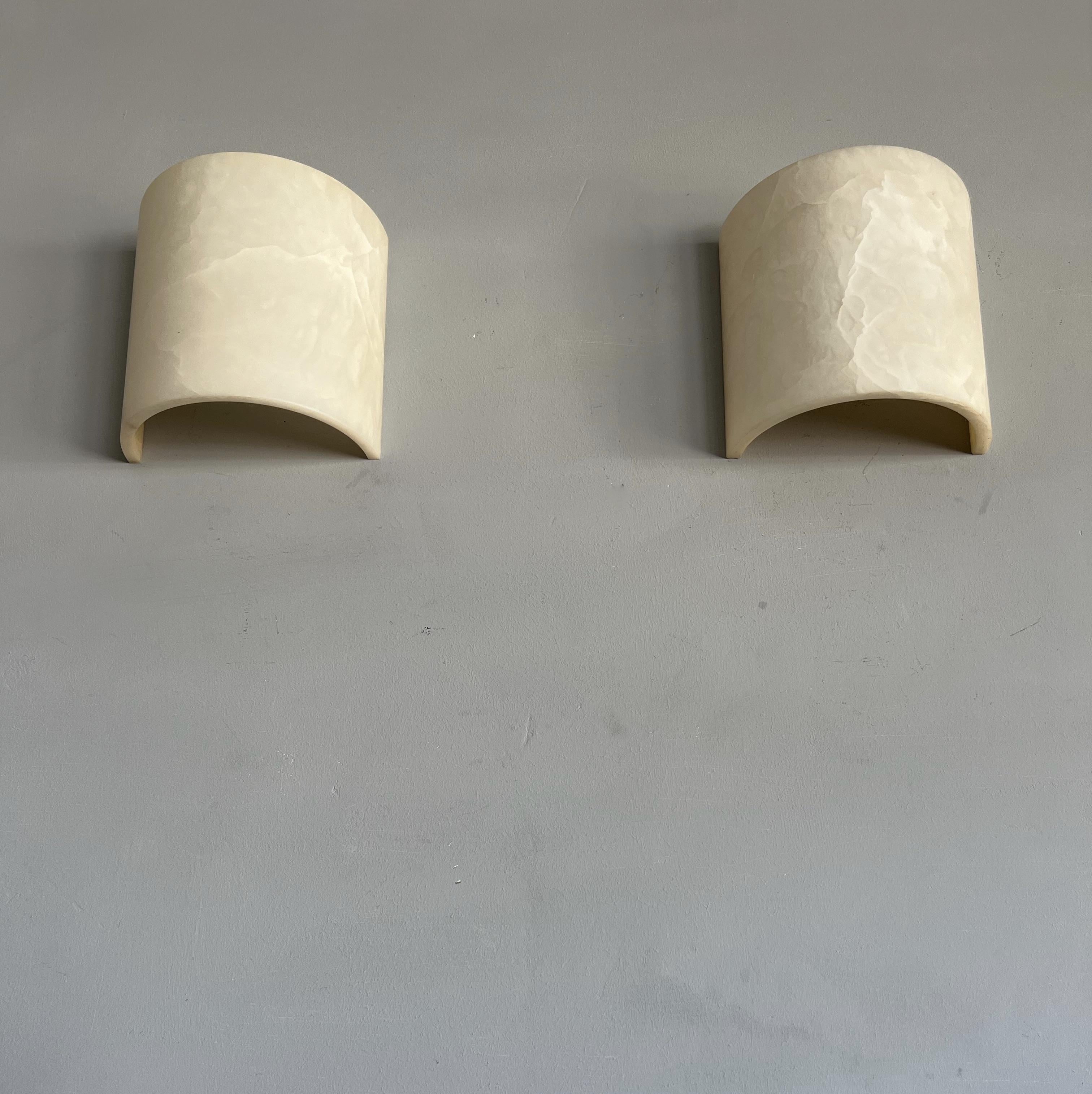 Hand-Carved Great Pair of Art Deco Style Alabaster Up & Down Light Wall Sconces / Fixtures