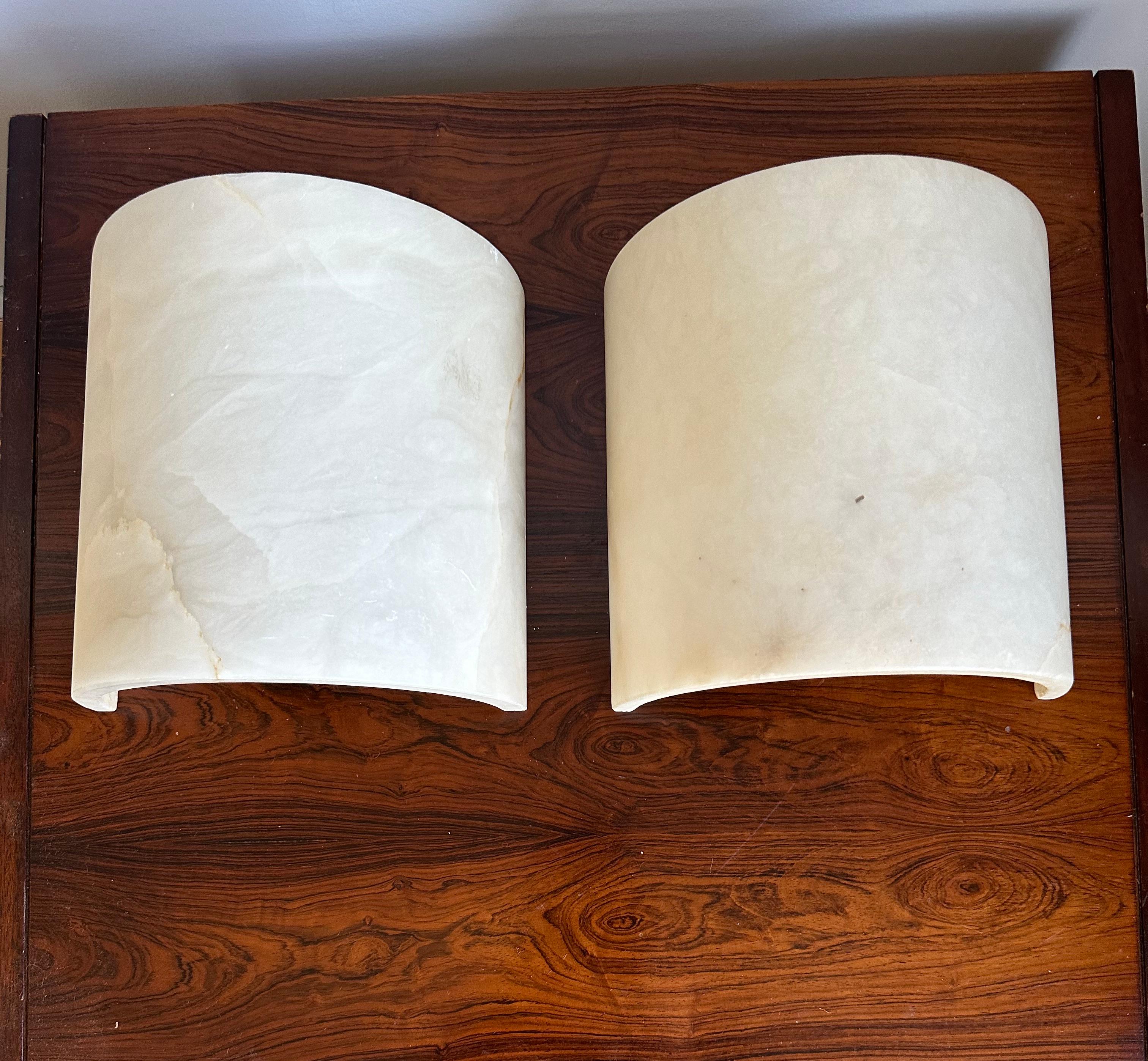 20th Century Great Pair of Art Deco Style Alabaster Up & Down Light Wall Sconces / Fixtures For Sale
