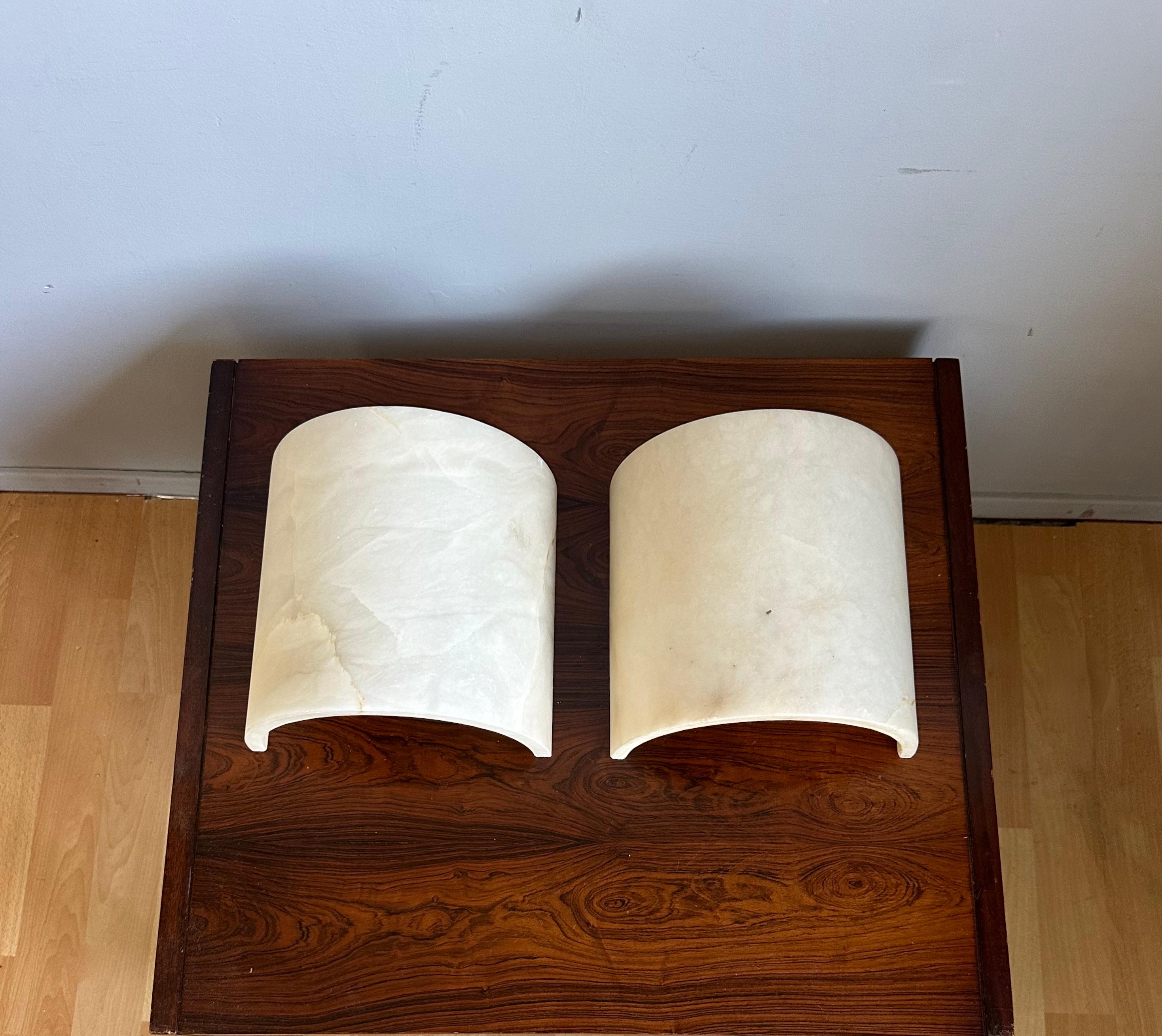 Metal Great Pair of Art Deco Style Alabaster Up & Down Light Wall Sconces / Fixtures For Sale