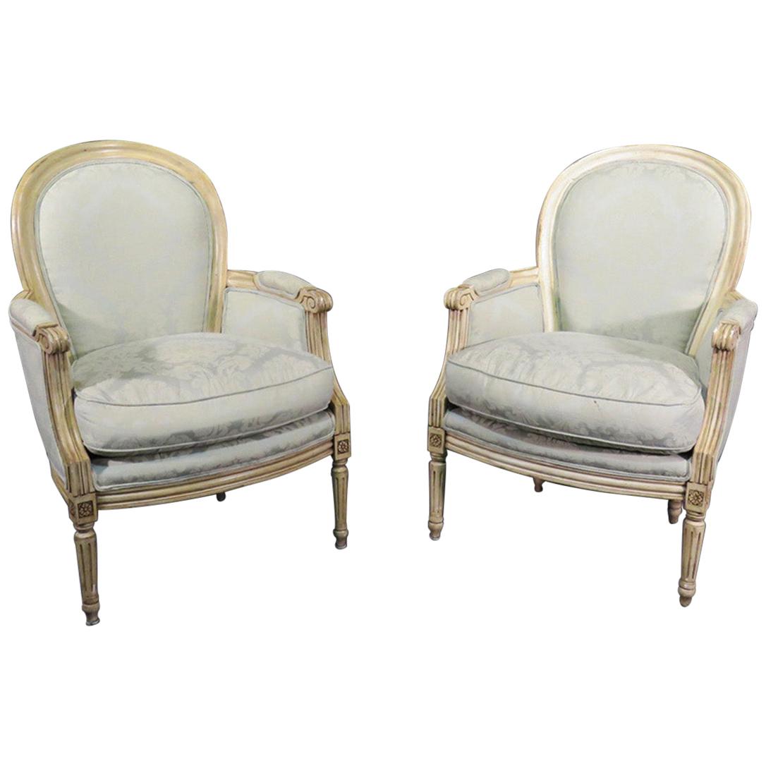 Pair of French Louis XVI Style Balloon Back Bergère Lounge Club Chairs