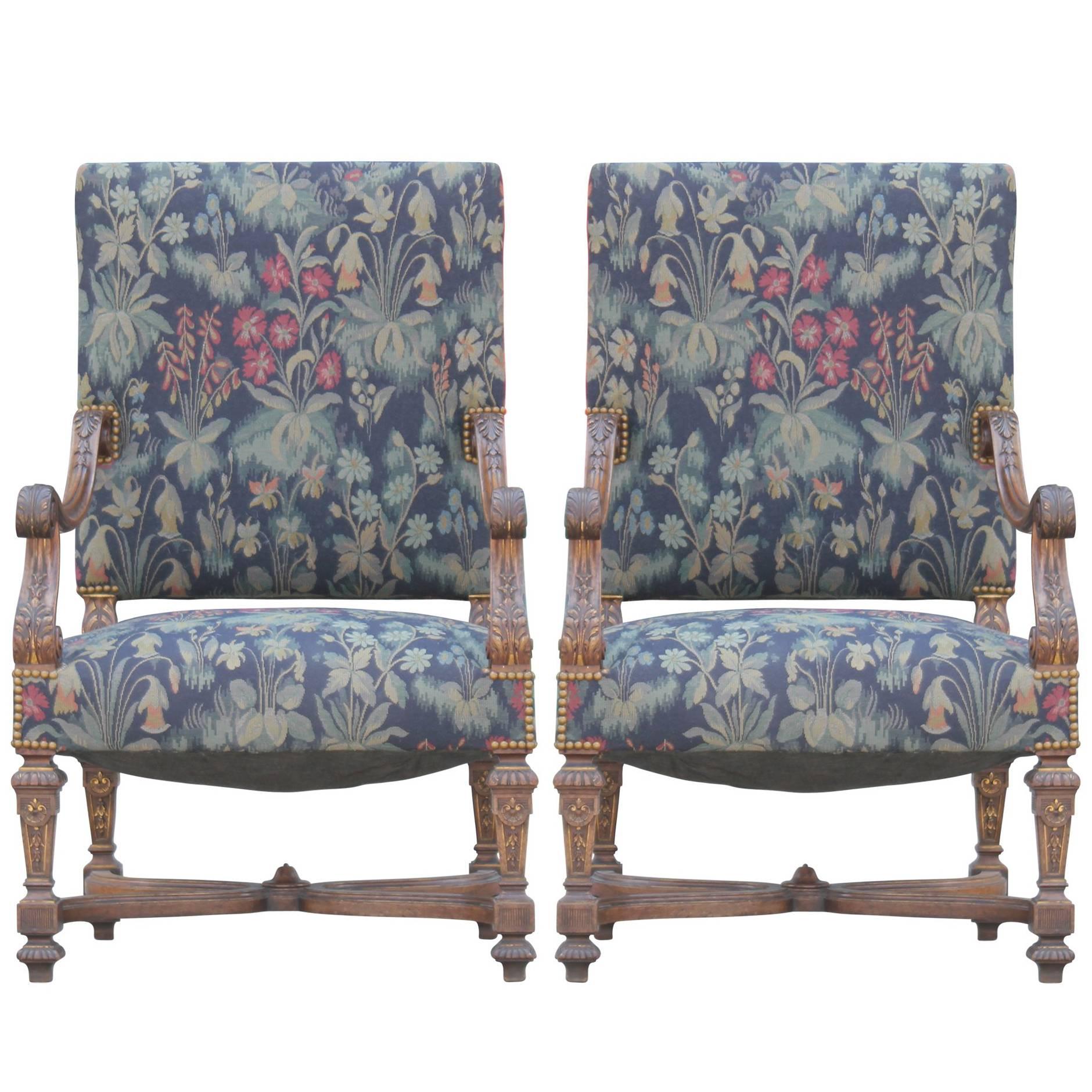 Great Pair of Early French Louis XVI Hand-Carved Walnut Armchairs