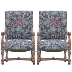 Great Pair of Early French Louis XVI Hand-Carved Walnut Armchairs