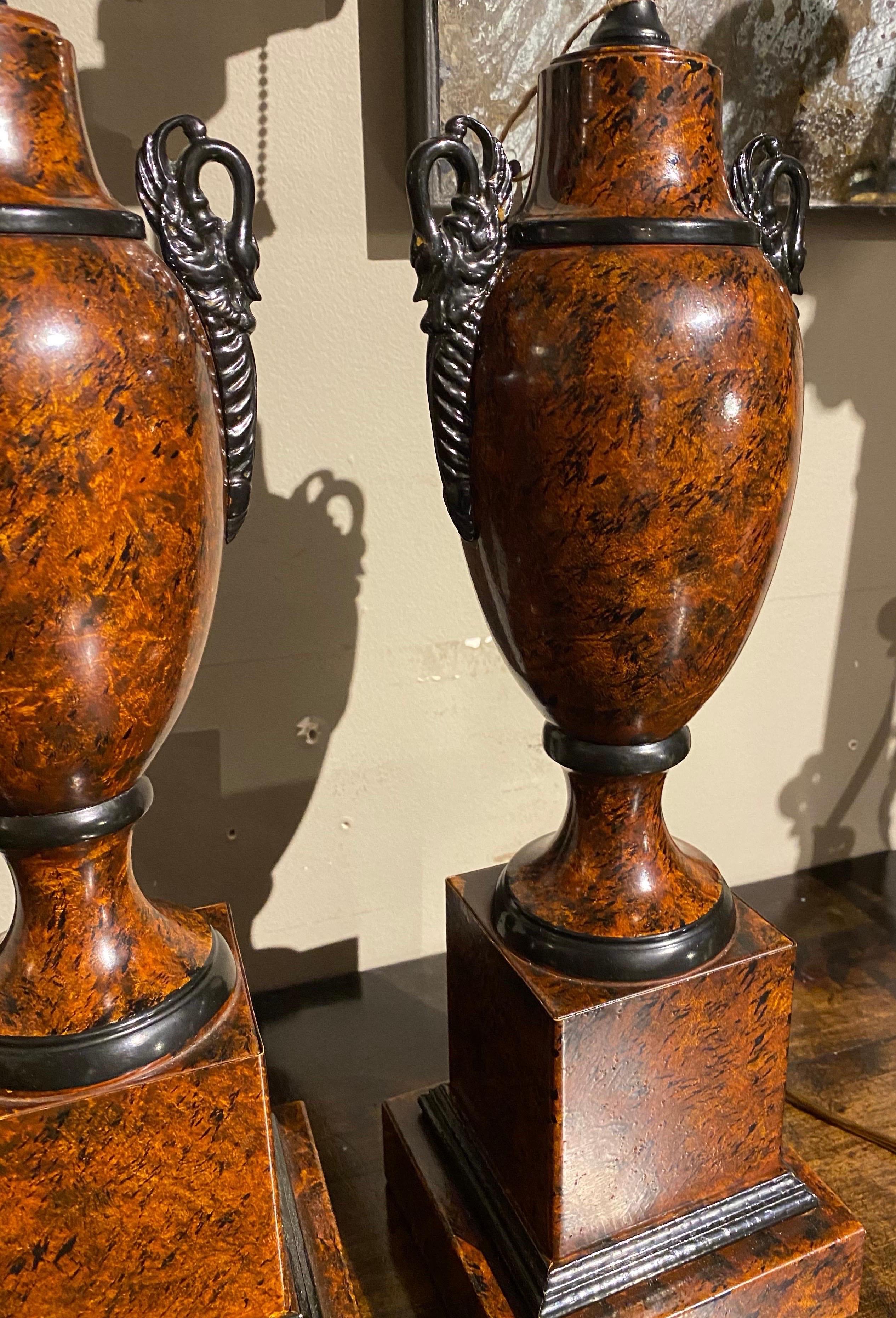 American Great Pair of Faux Tortoiseshell Tole Lamps For Sale