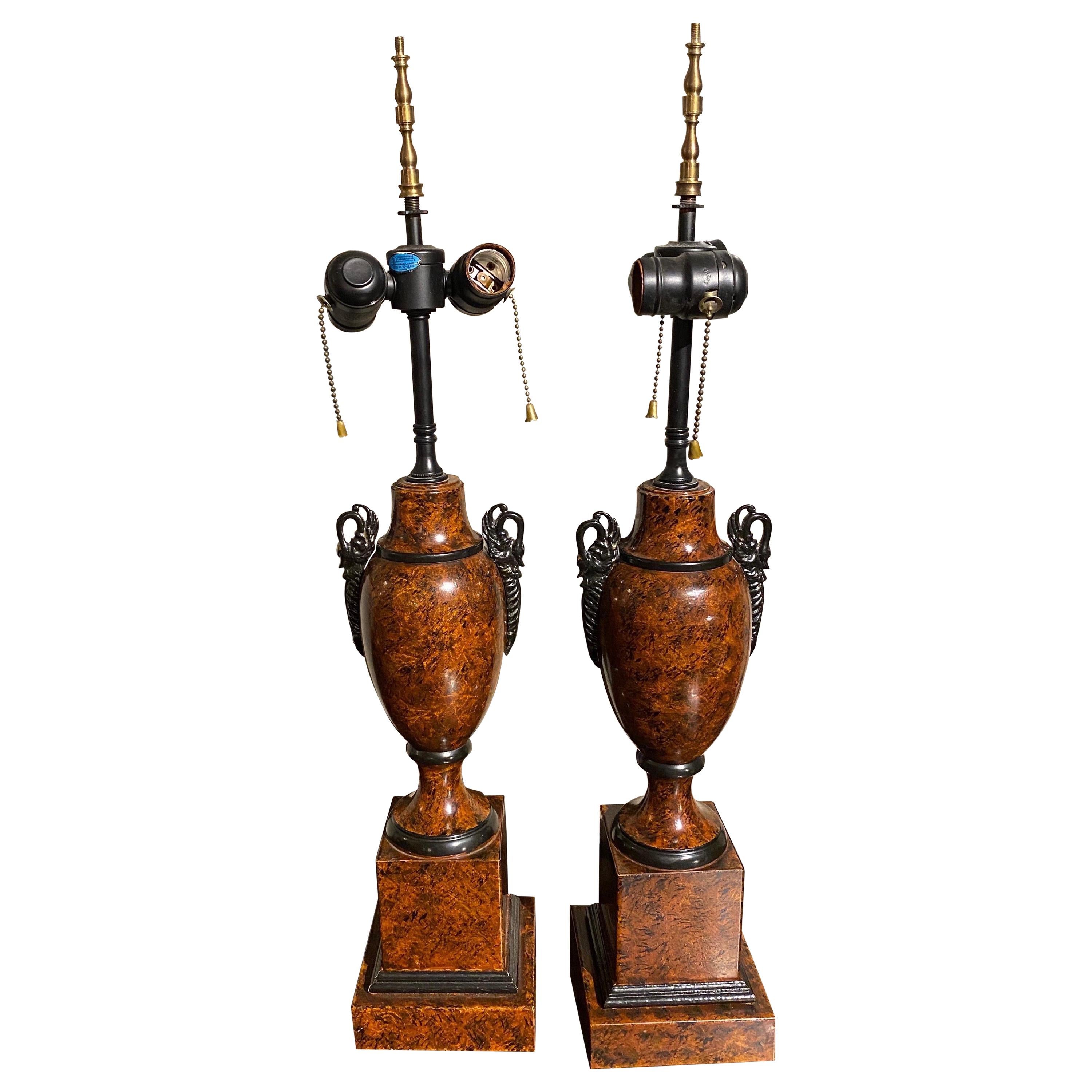 Great Pair of Faux Tortoiseshell Tole Lamps For Sale