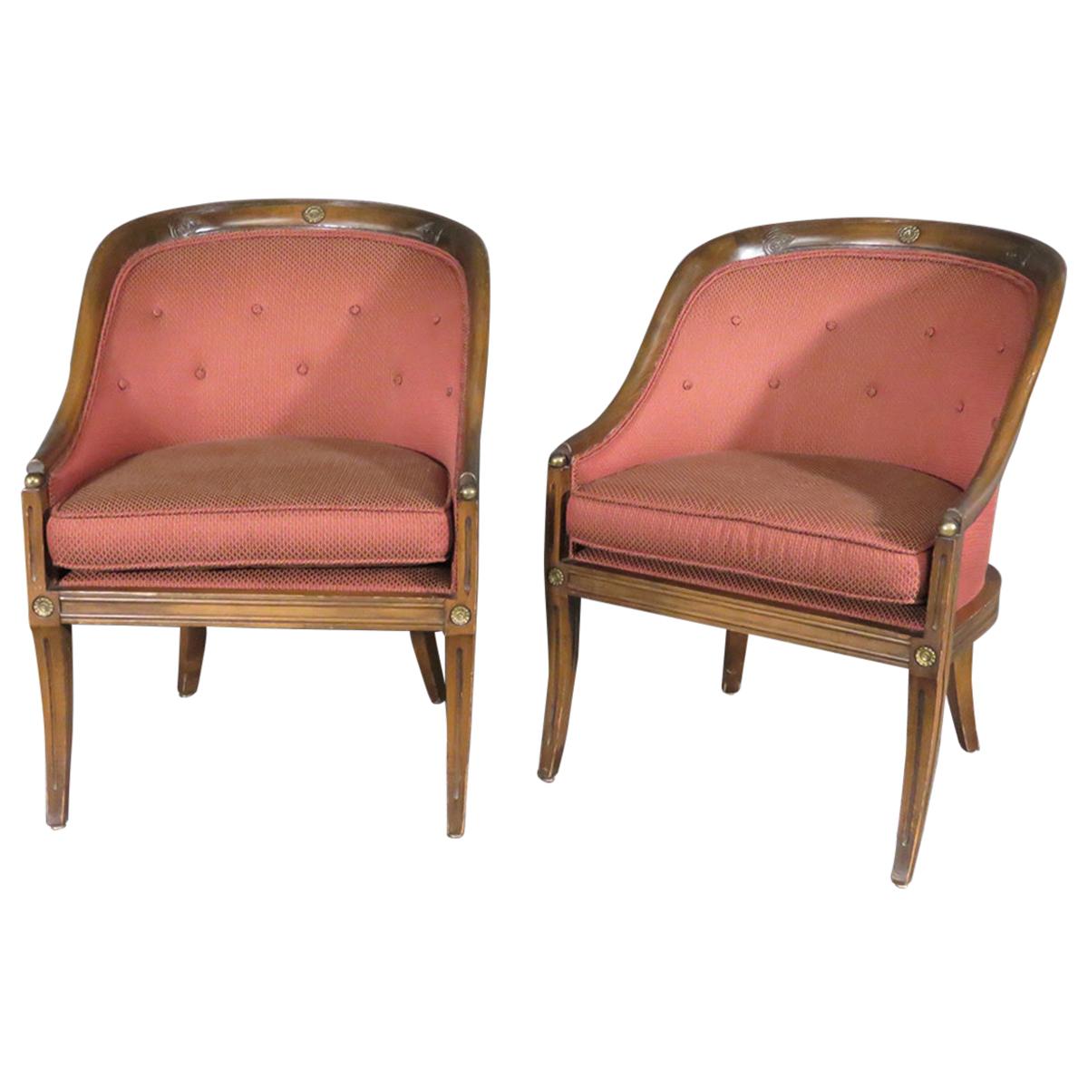 Great Pair of French Regency Walnut Tub Style Lounge Club Chairs, circa 1940s