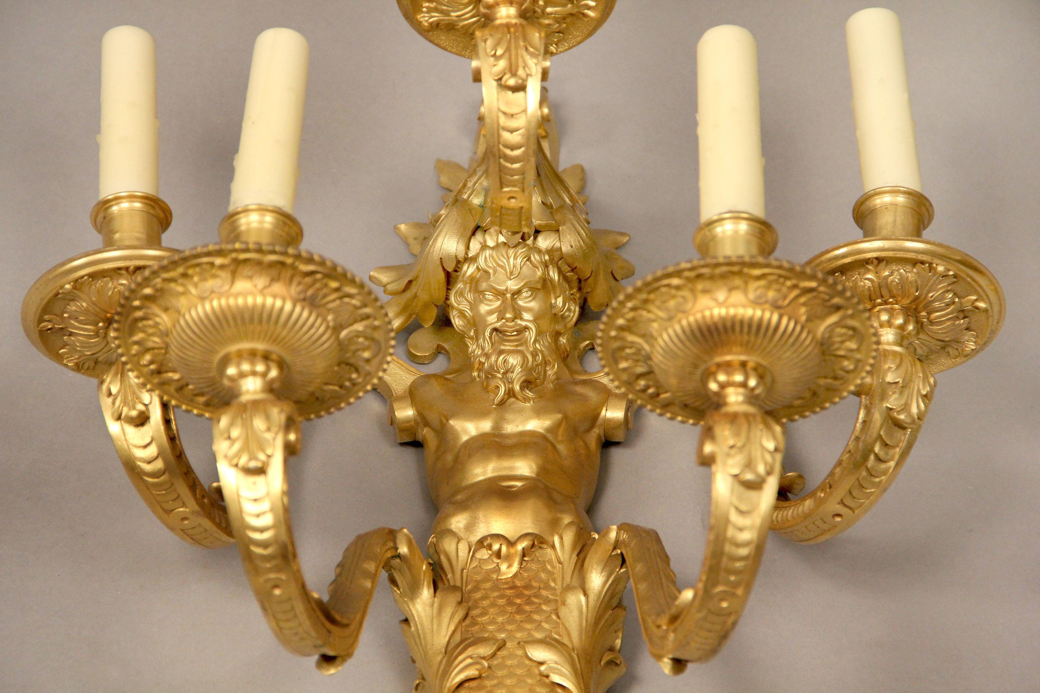 French Great Pair of Late 19th Century Gilt Bronze Sconces by Henry Dasson For Sale
