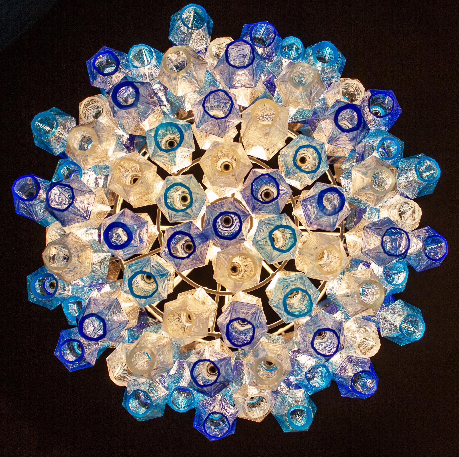 Great Pair of Murano Glass Sapphire Colored Poliedri Chandelier Style C. Scarpa For Sale 7