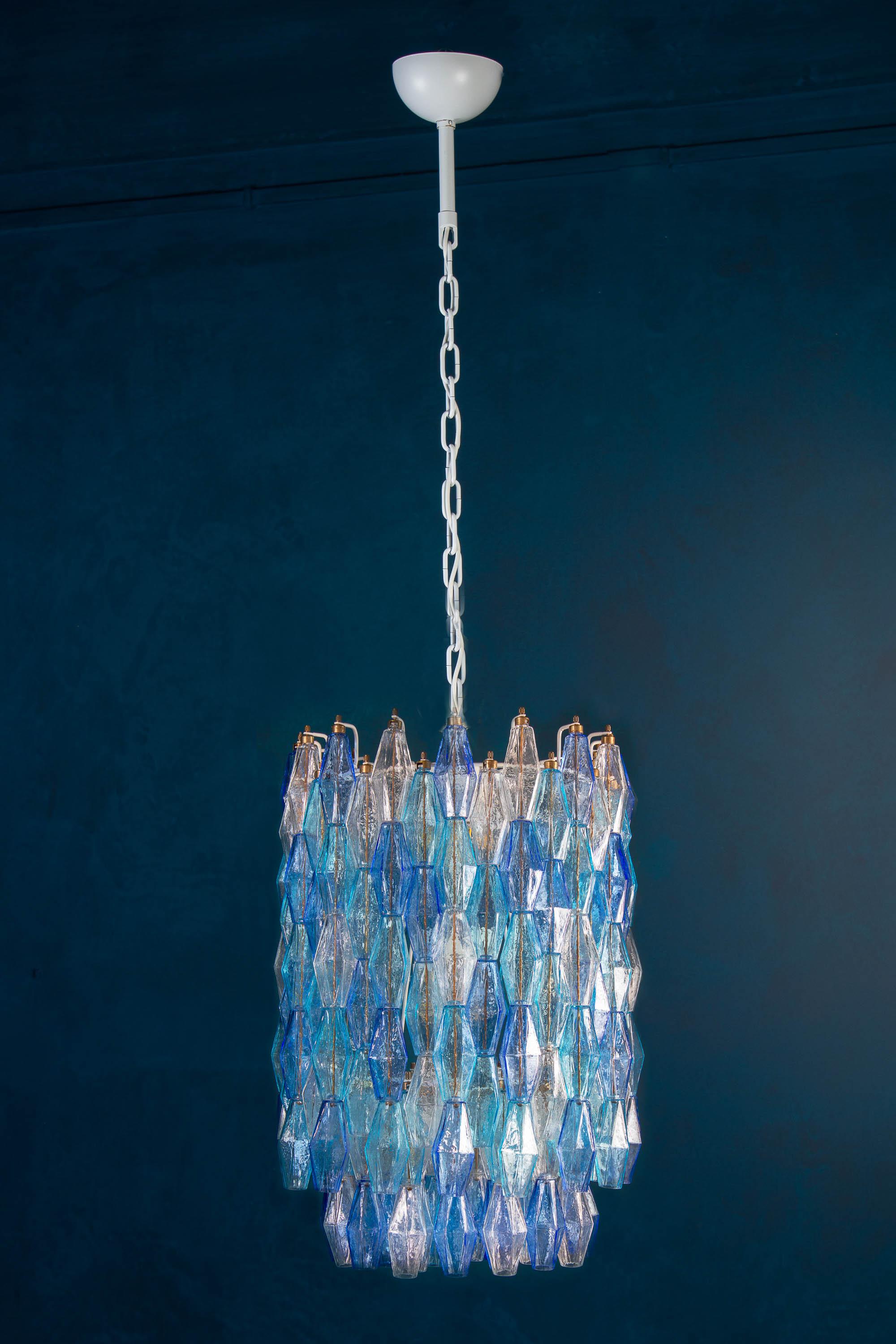 Painted Great Pair of Murano Glass Sapphire Colored Poliedri Chandelier Style C. Scarpa For Sale