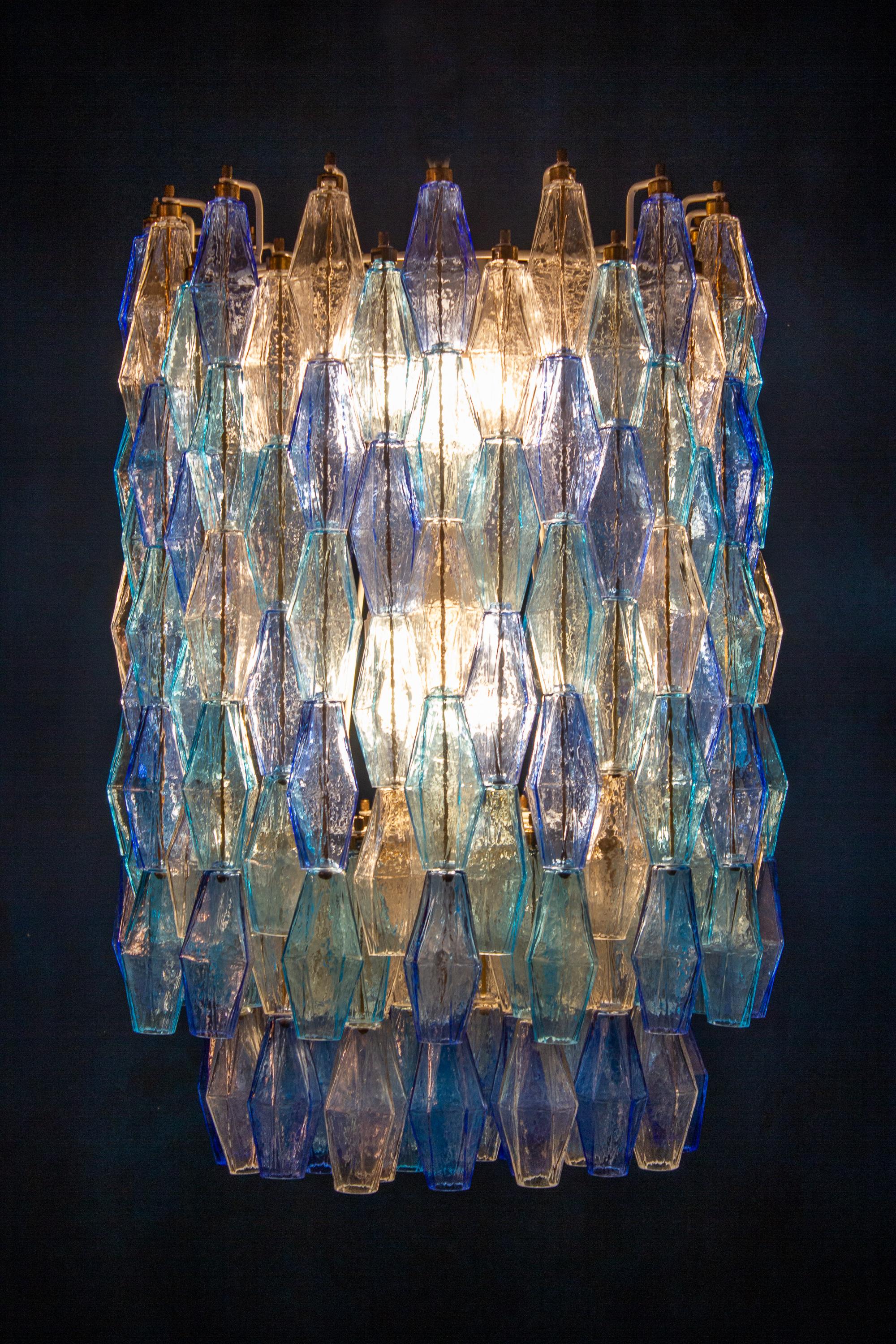 Late 20th Century Great Pair of Murano Glass Sapphire Colored Poliedri Chandelier Style C. Scarpa For Sale