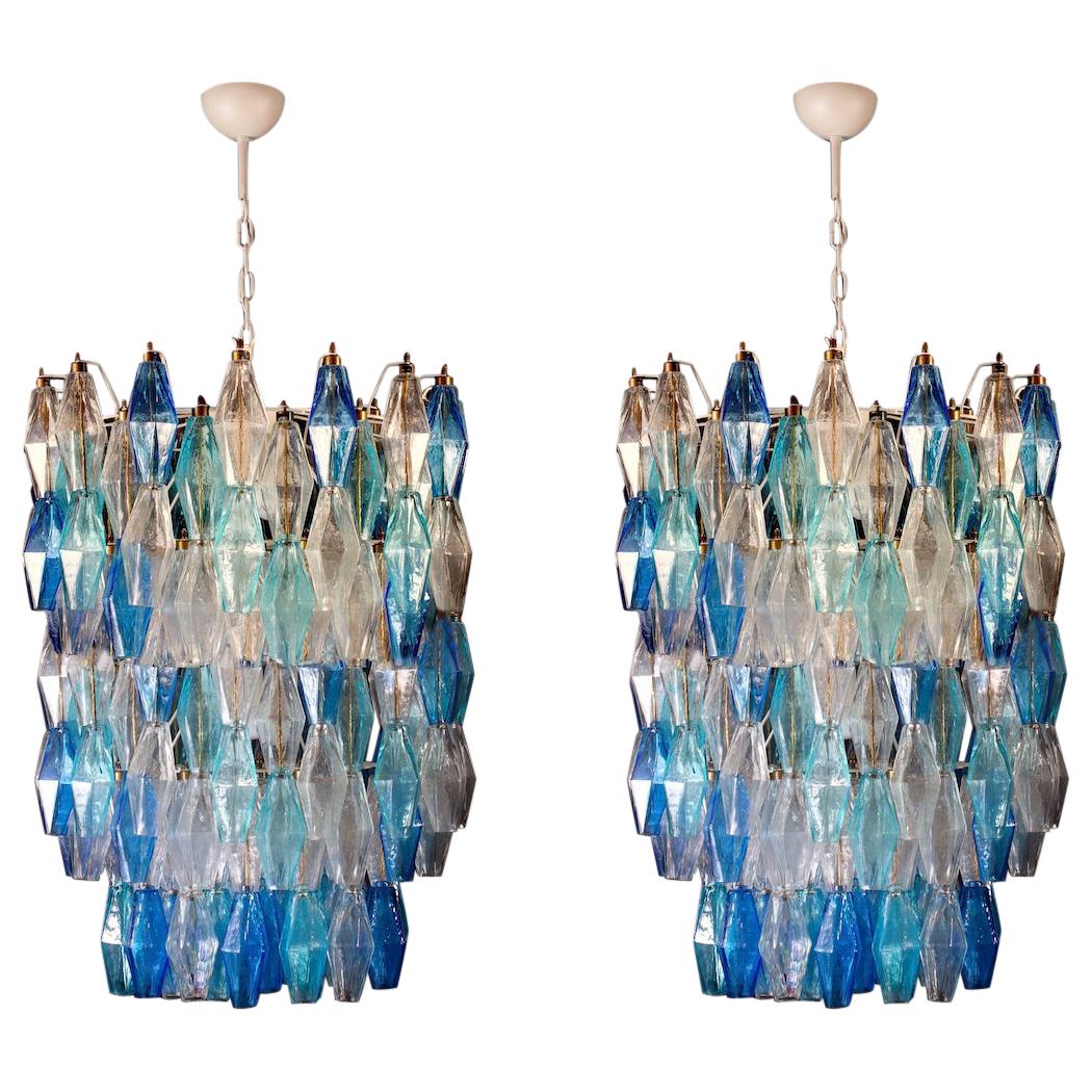 Great Pair of Murano Glass Sapphire Colored Poliedri Chandelier Style C. Scarpa