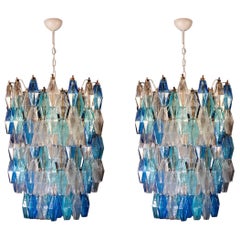 Vintage Great Pair of Murano Glass Sapphire Colored Poliedri Chandelier Style C. Scarpa