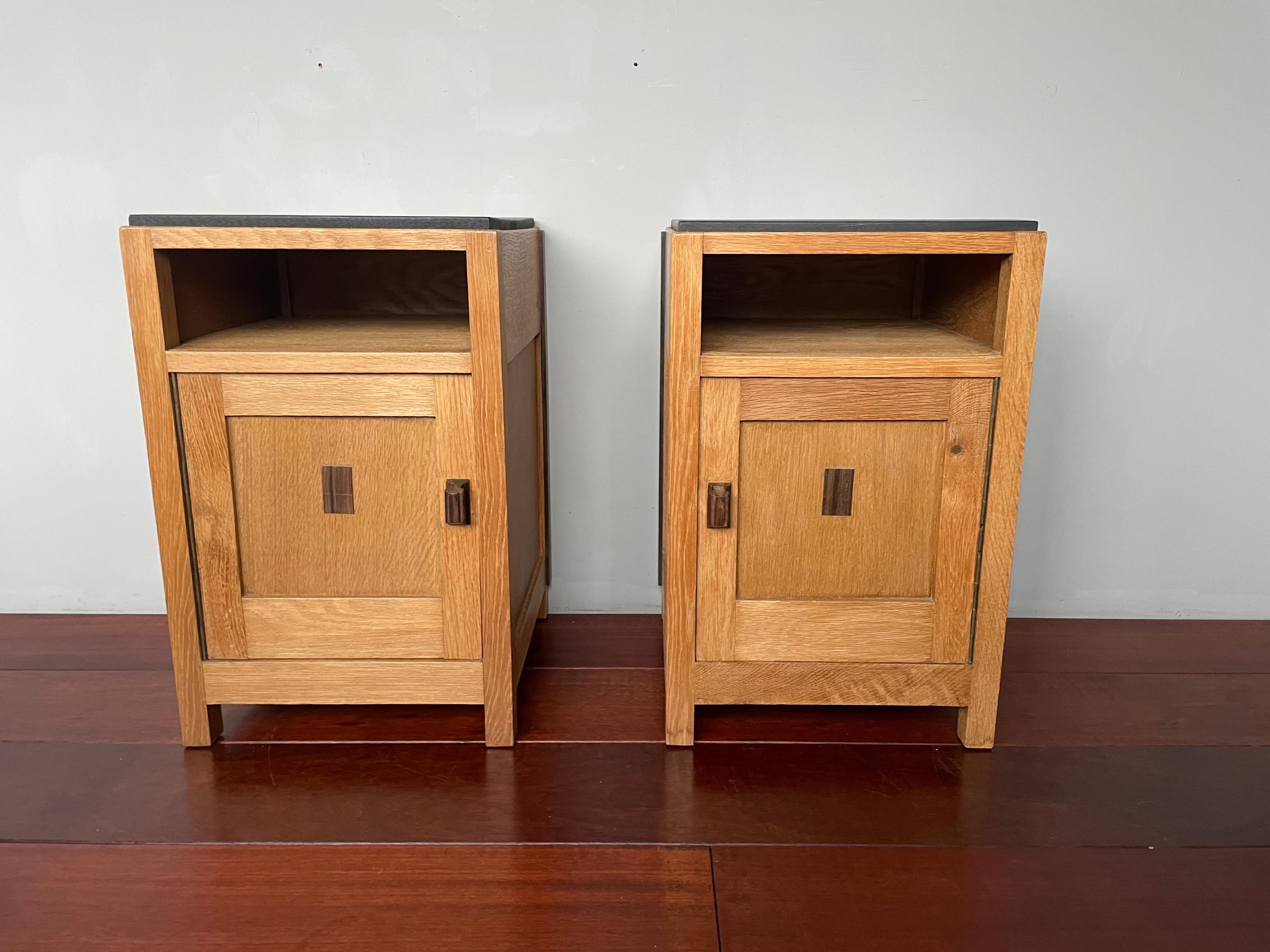 Beautiful pair of Arts & Crafts nightstands with coromandel details & handles.

If you are looking for timeless and beautifully handcrafted bedside cabinets then this Arts & Crafts pair could be yours to own and enjoy soon. They are made of a