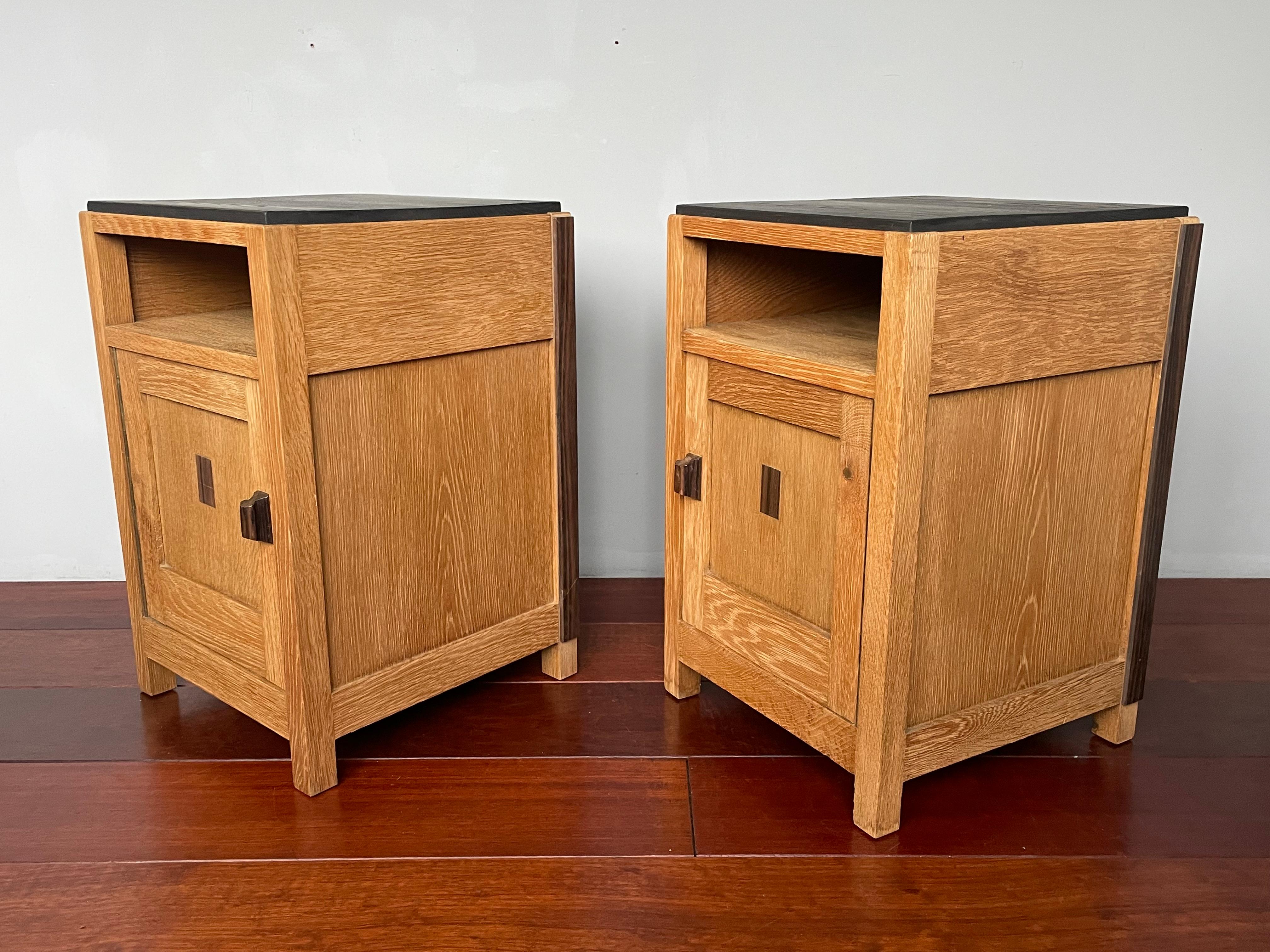 Wood Great Pair of Oak & Coromandel Dutch Arts & Crafts Bedside Tables / Night Stands