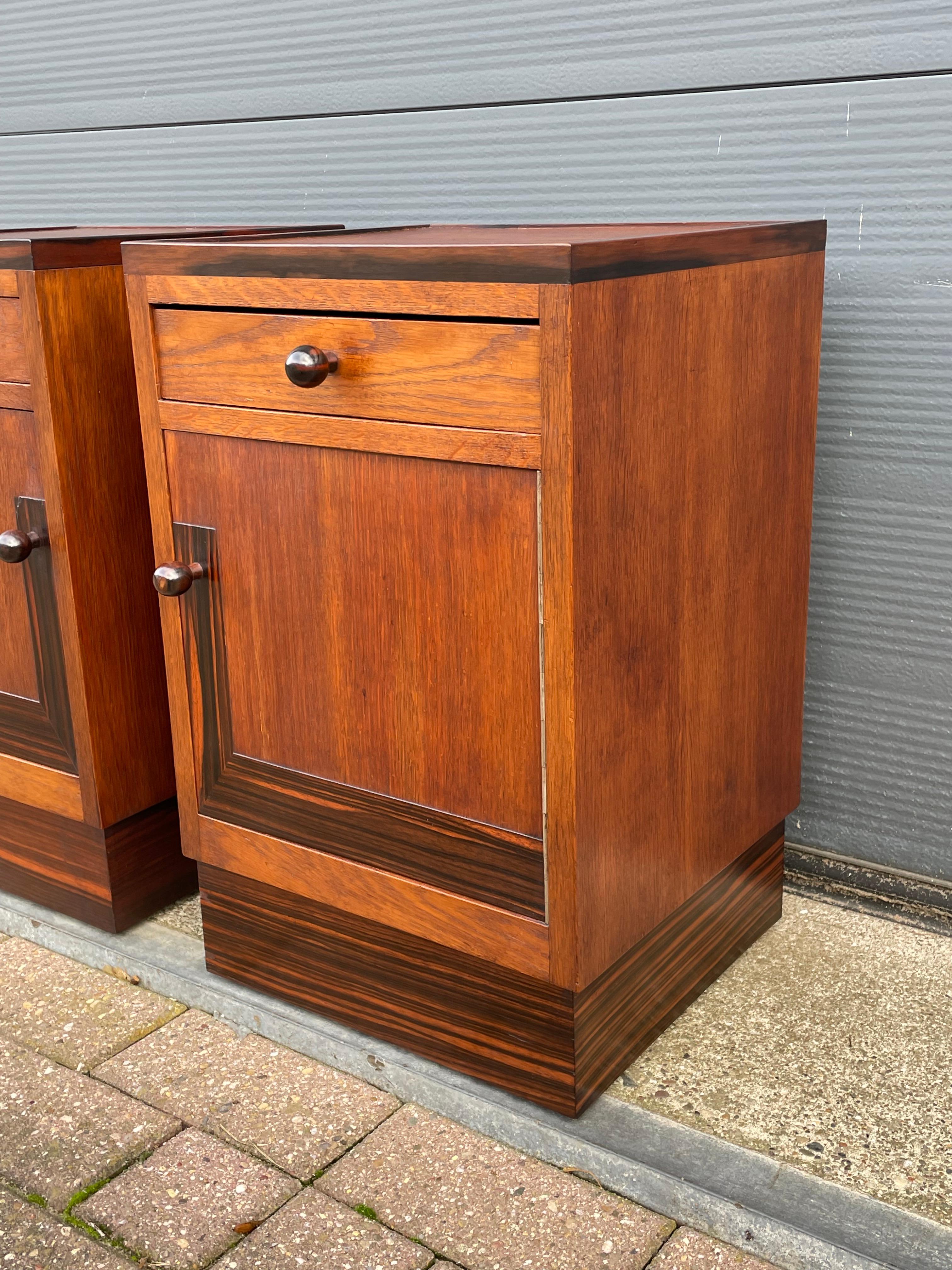 Cast Great Pair of Oak & Coromandel Dutch Arts & Crafts Bedside Tables / Nightstands