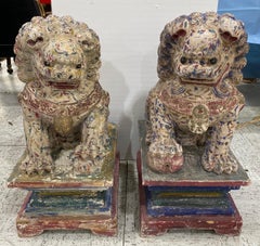 Great Pair of Polychrome Carved Wood Foo Dogs