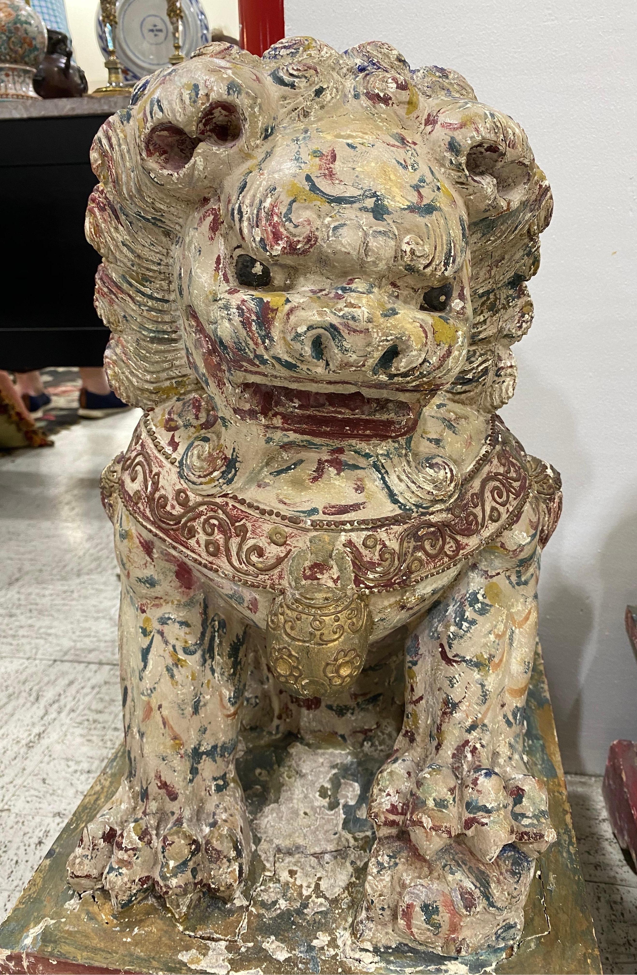 Chinese Export Great Pair of Polychrome Carved Wood Foo Dogs