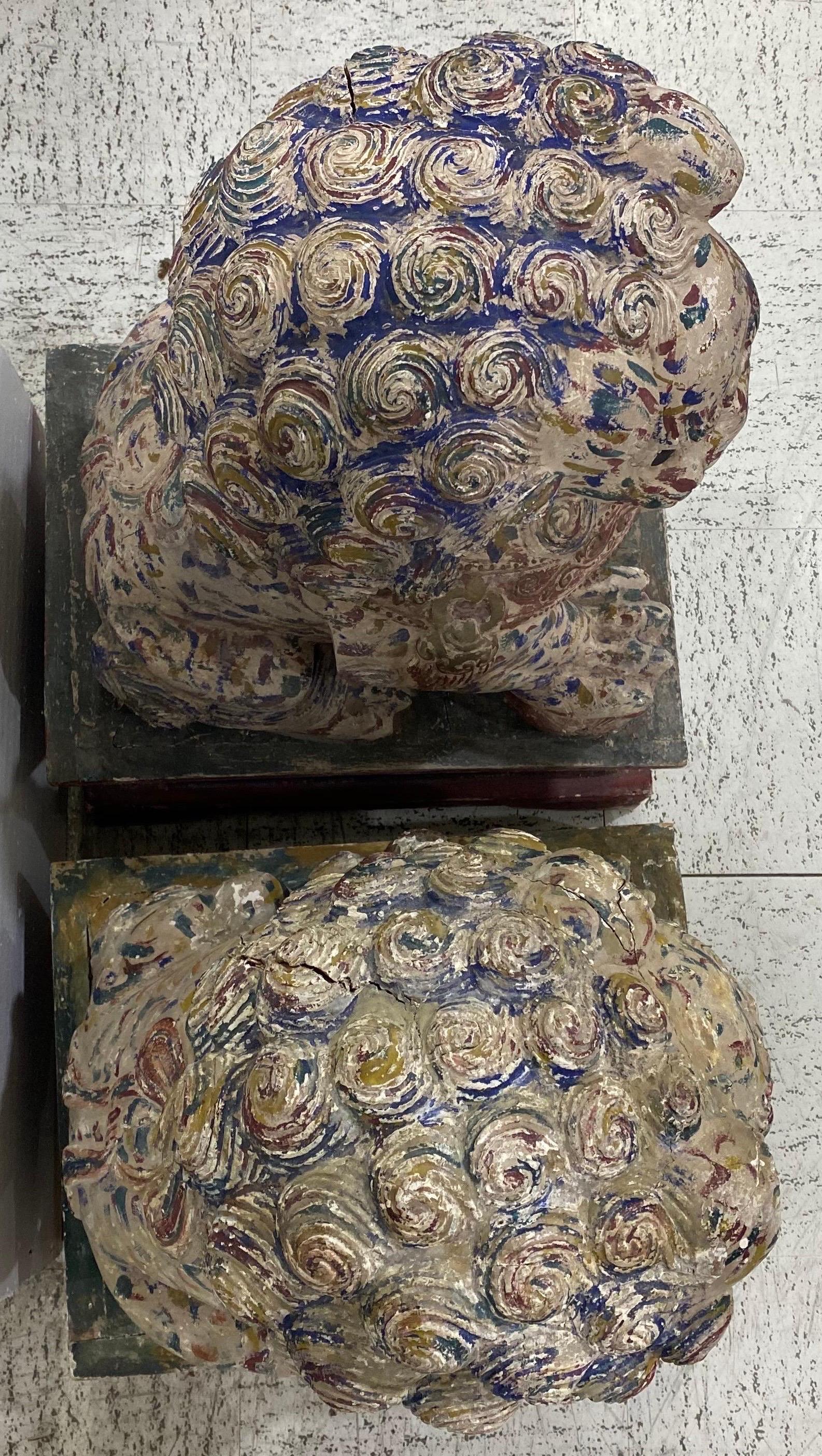 Chinese Great Pair of Polychrome Carved Wood Foo Dogs
