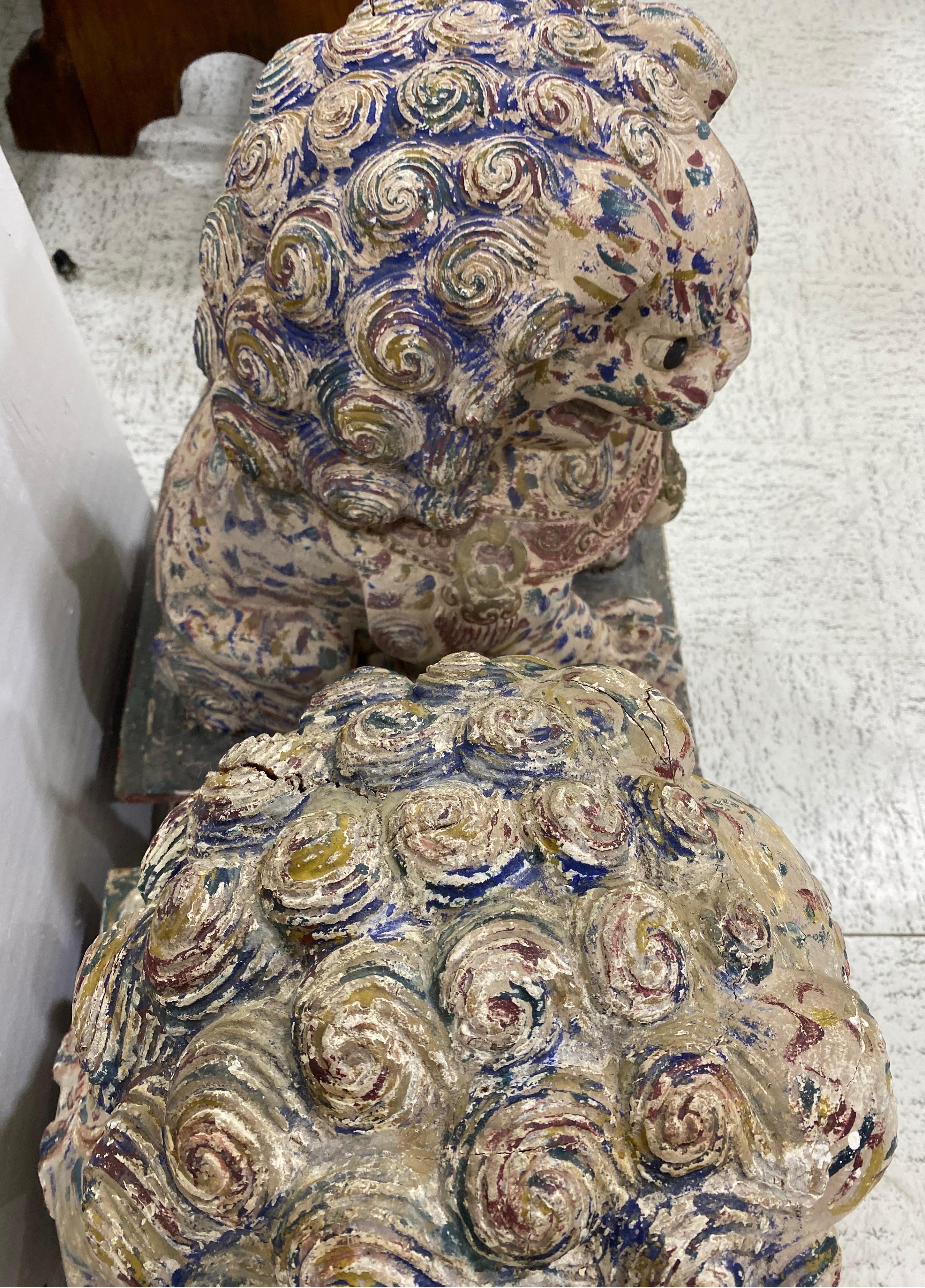 Great Pair of Polychrome Carved Wood Foo Dogs In Good Condition In Richmond, VA
