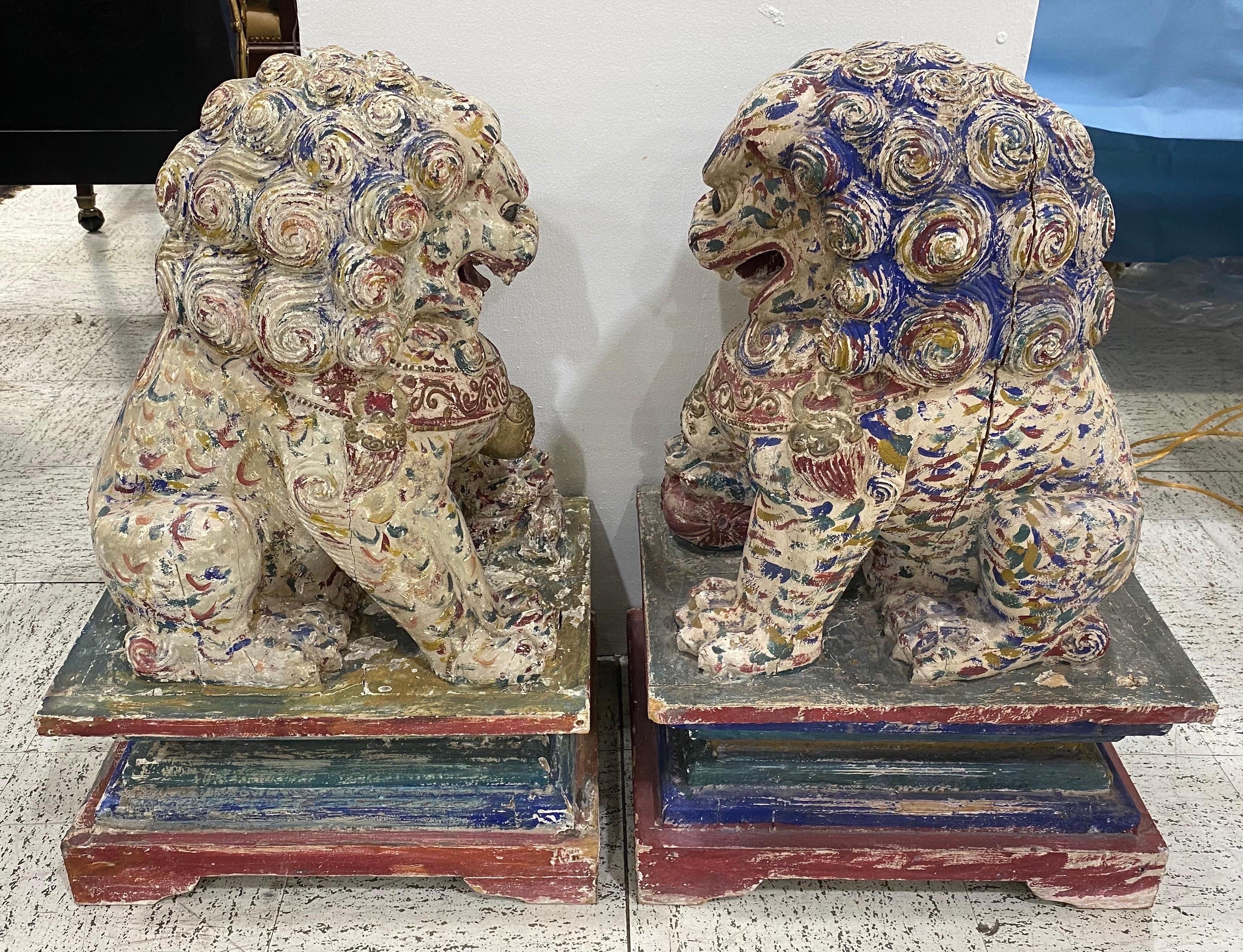 20th Century Great Pair of Polychrome Carved Wood Foo Dogs