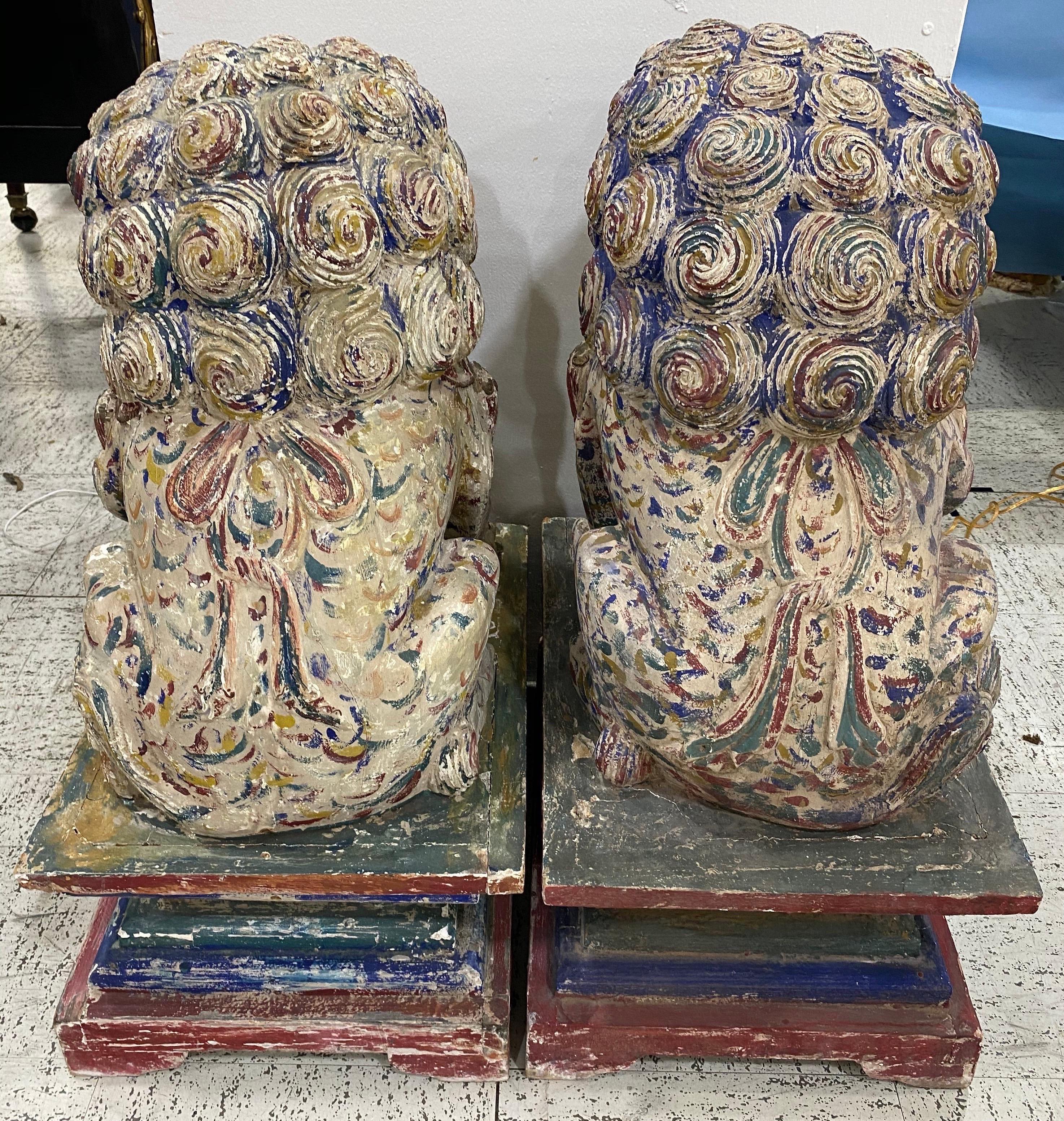 Great Pair of Polychrome Carved Wood Foo Dogs 1