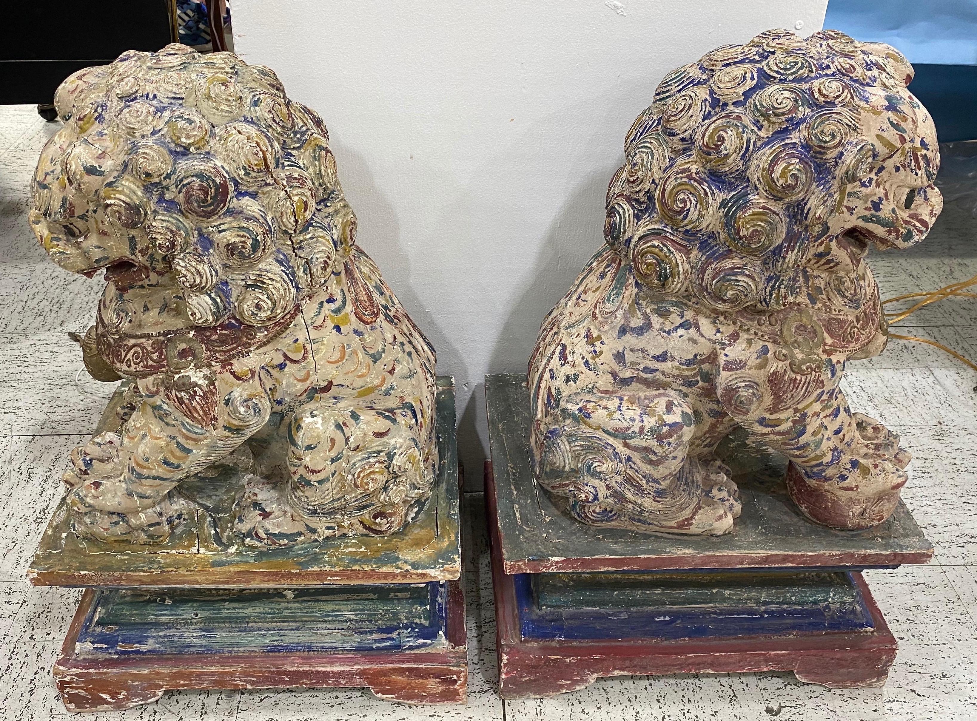 Great Pair of Polychrome Carved Wood Foo Dogs 2