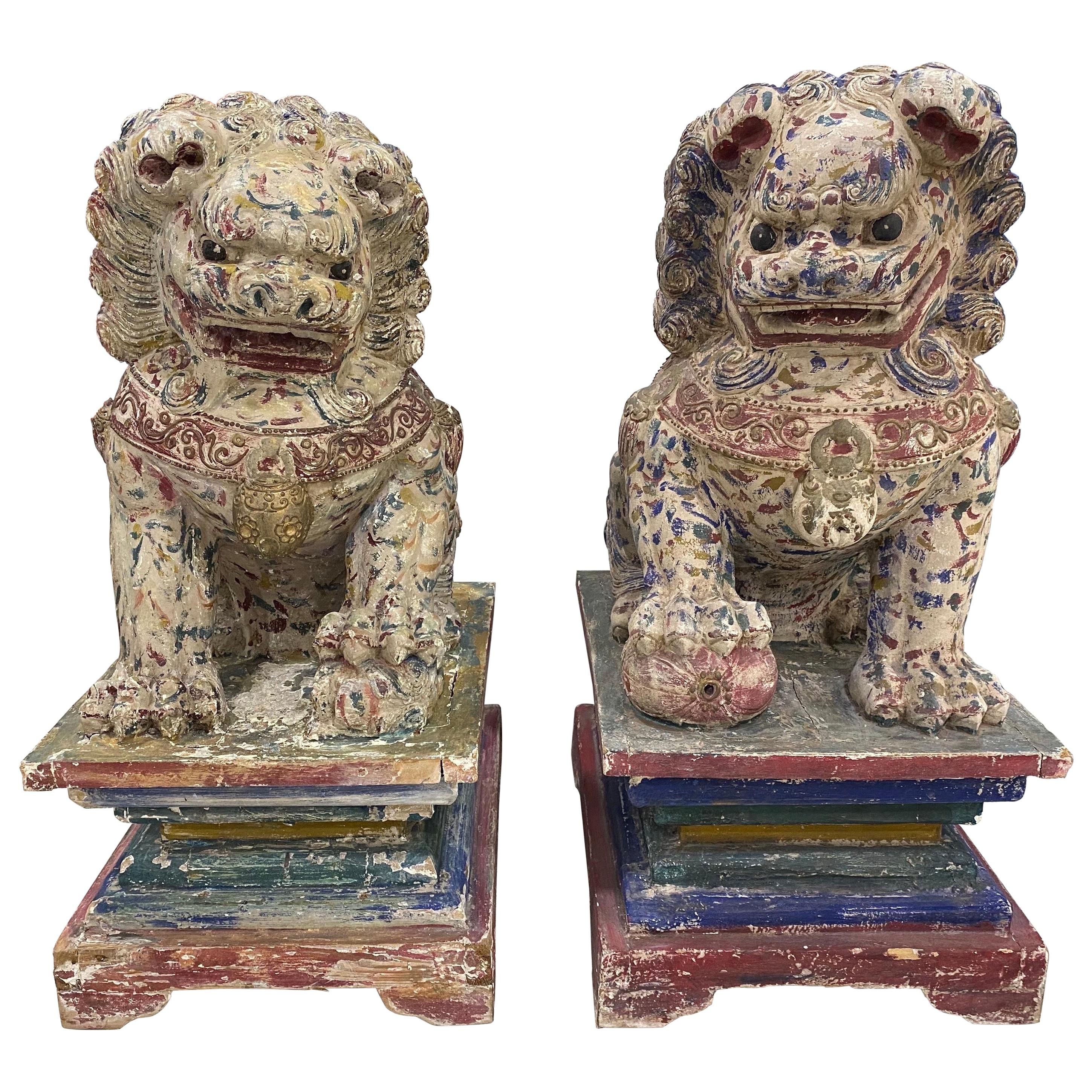 Great Pair of Polychrome Carved Wood Foo Dogs
