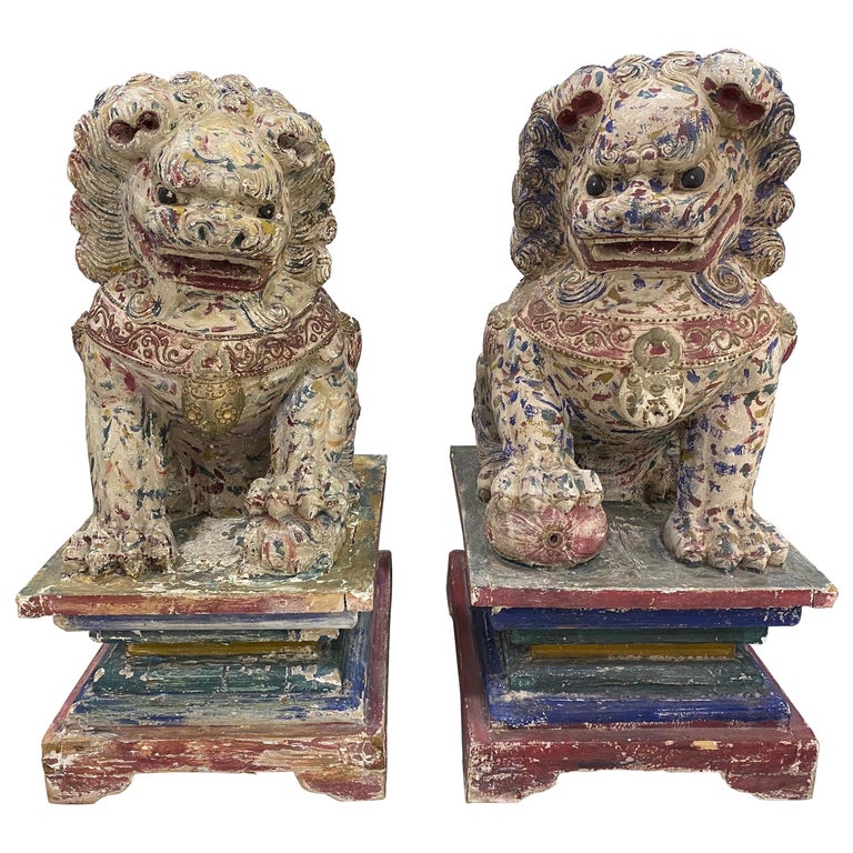 Great Pair of Polychrome Carved Wood Foo Dogs For Sale at 1stDibs